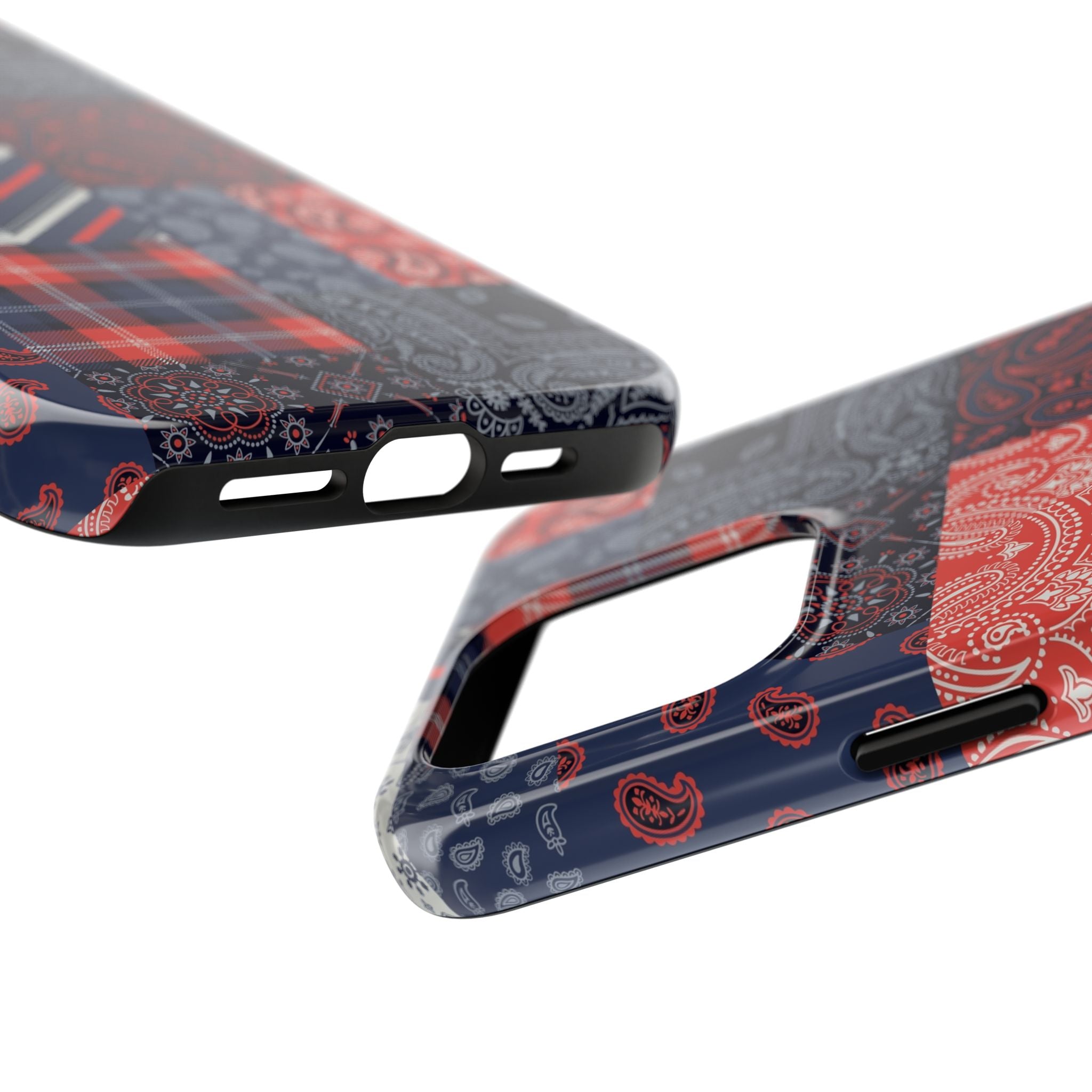 Bandana Patchwork iPhone 14 Pro Case with Red and Blue Design for Bookish and Fashion-Forward Men