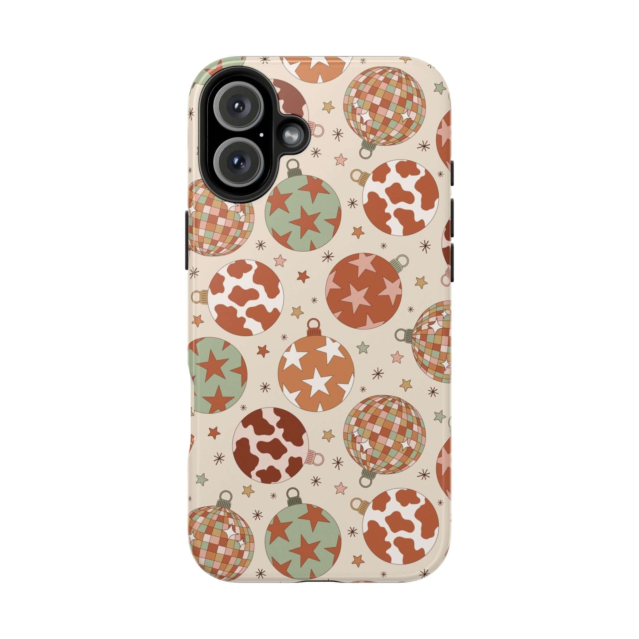 Cowgirl Christmas western holiday phone case with colorful ornaments pattern, cute iPhone cover for festive holiday style.