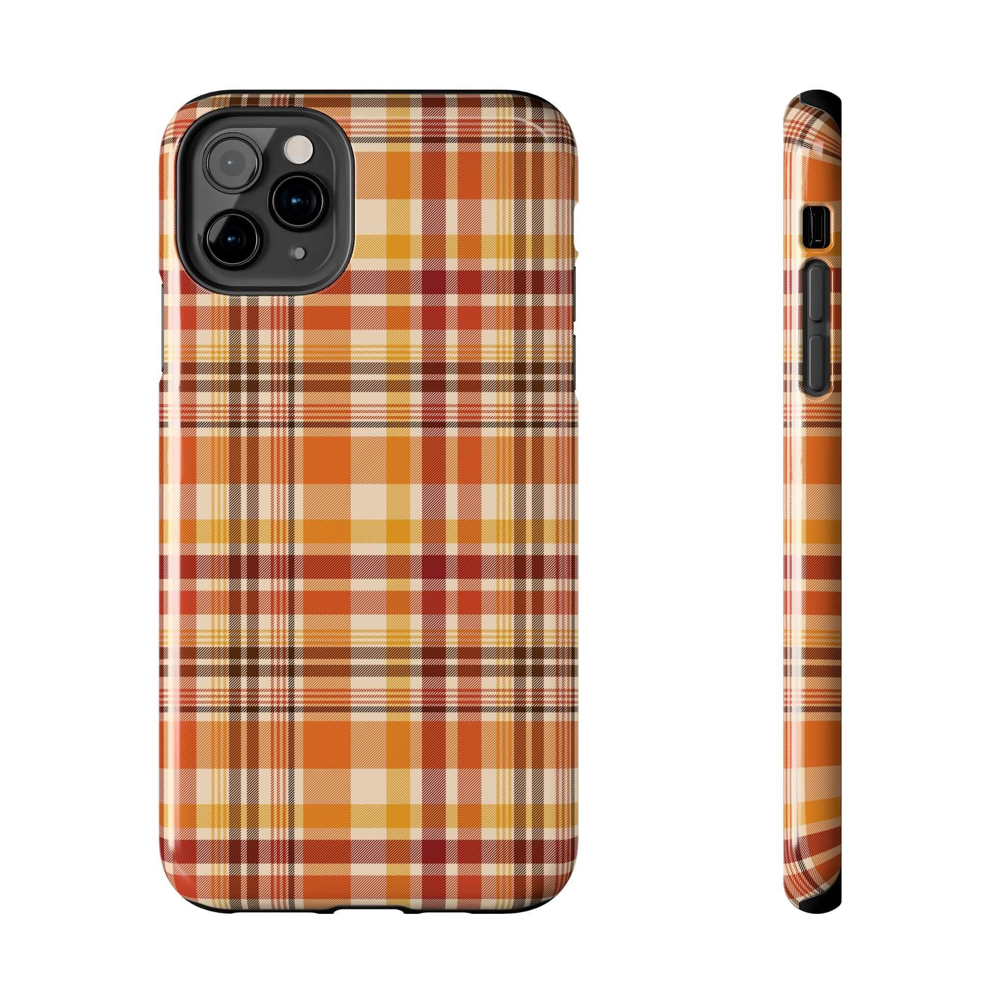 Halloween fall plaid iPhone case with colorful autumn design, perfect cute accessory for the autumn season and beyond.