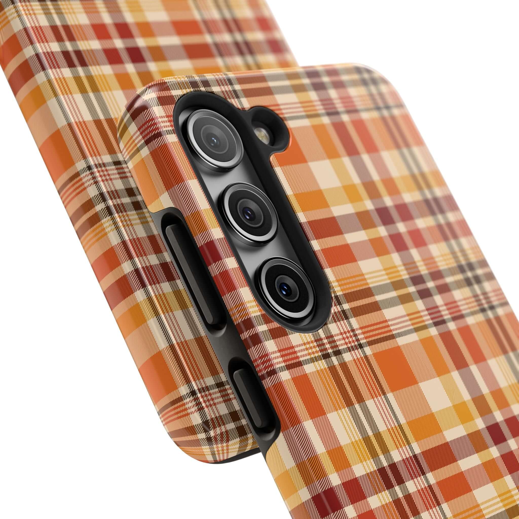 Autumn Air plaid phone case with fall colors, perfect for Halloween and autumn. Cute and stylish iPhone case for seasonal flair.