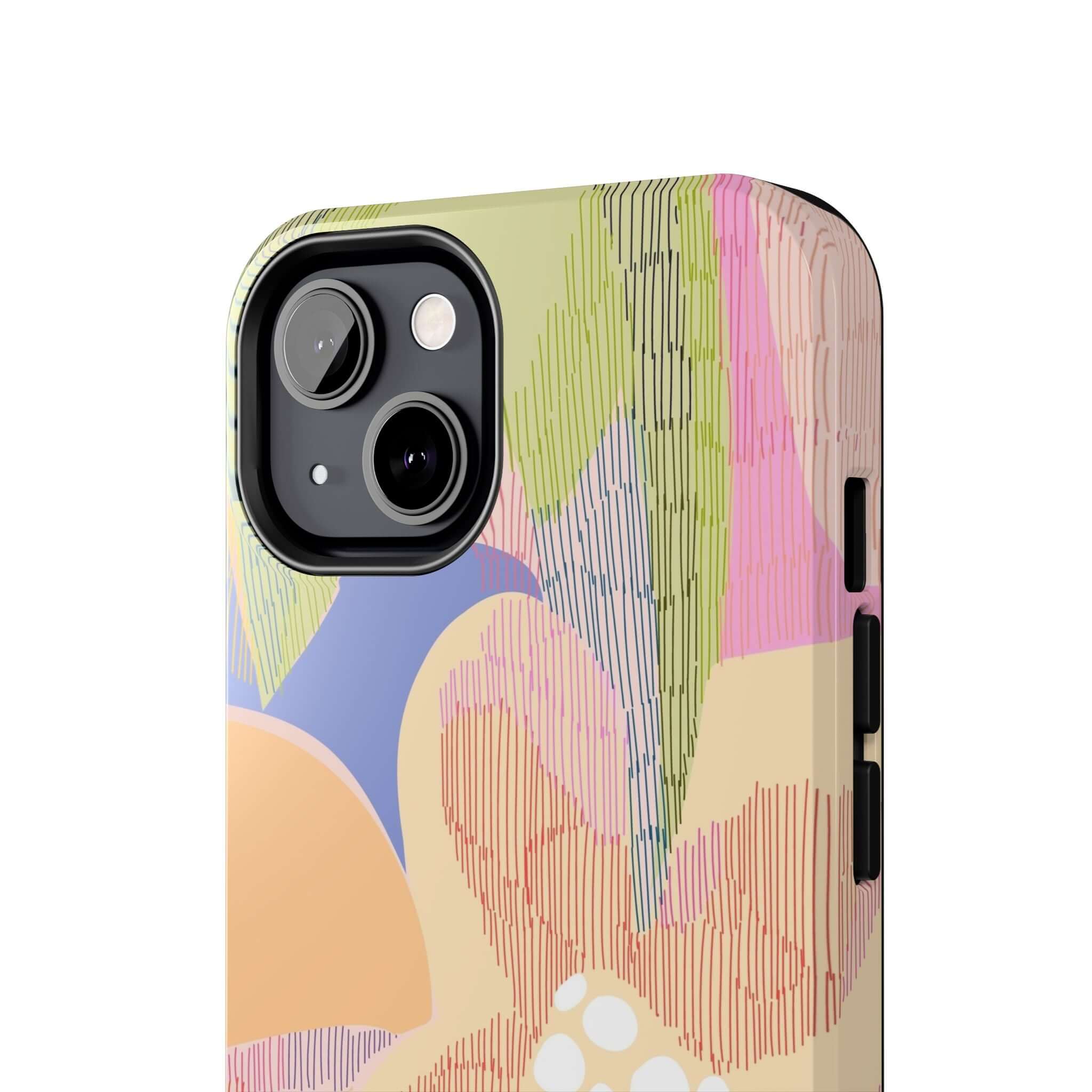 Colorful and cute iPhone 14 Pro Max case with abstract floral design and palm trees, vibrant aesthetic, and protective cover