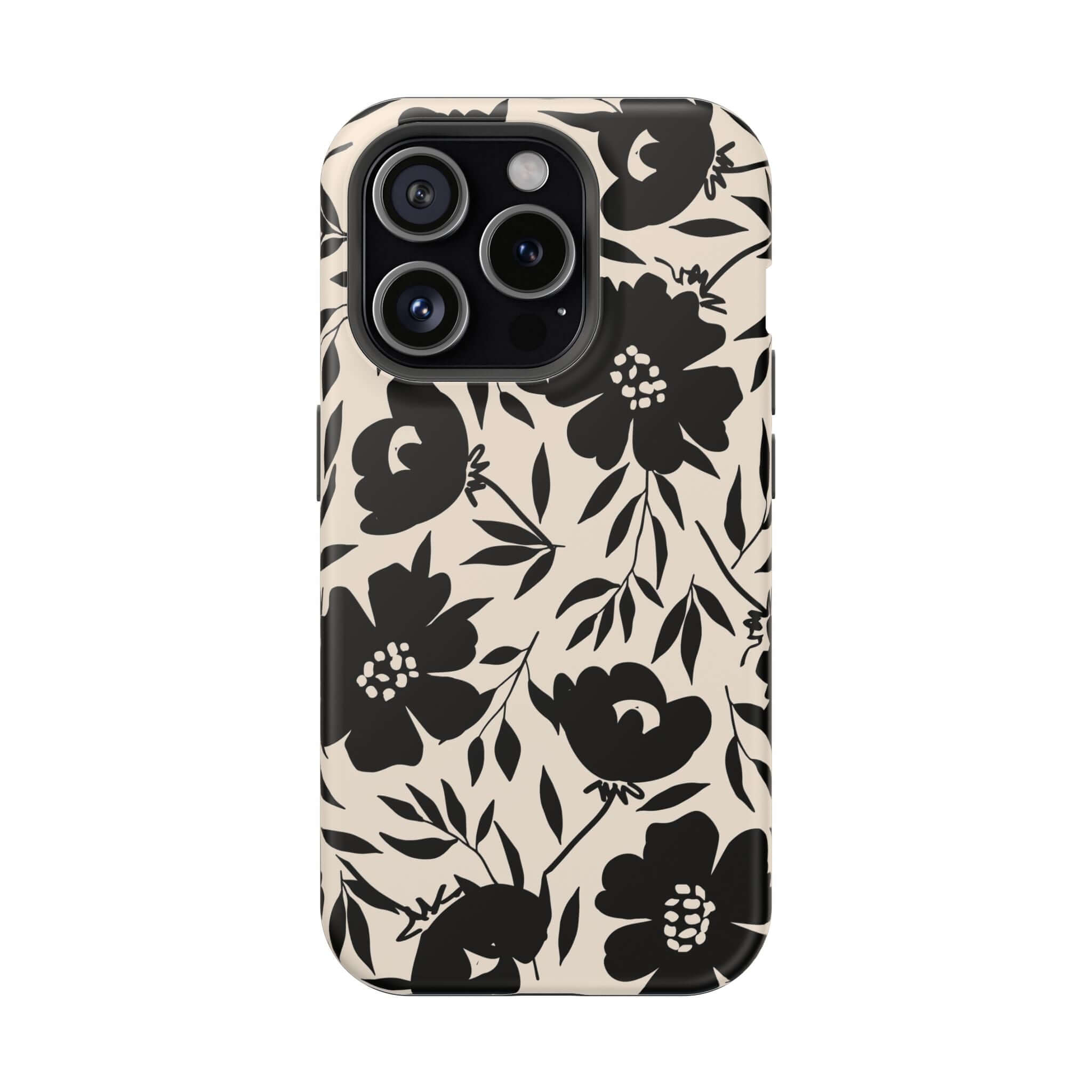 Eclipse Garden Black Floral iPhone 16 Case | Cute phone case with bold floral pattern.