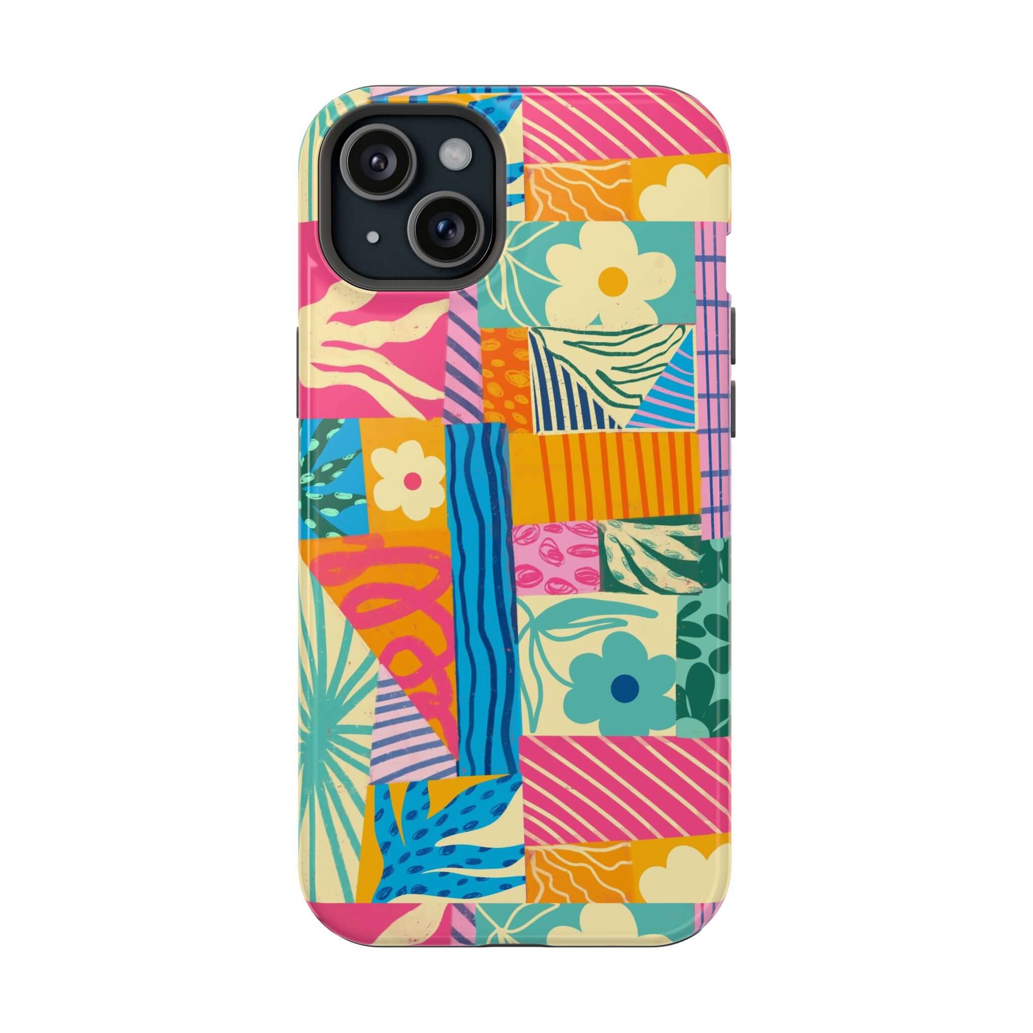 Colorful patchwork iPhone case for beach lovers, Sunny Tides. Cute phone case adds style and protection, compatible with iPhone 16.