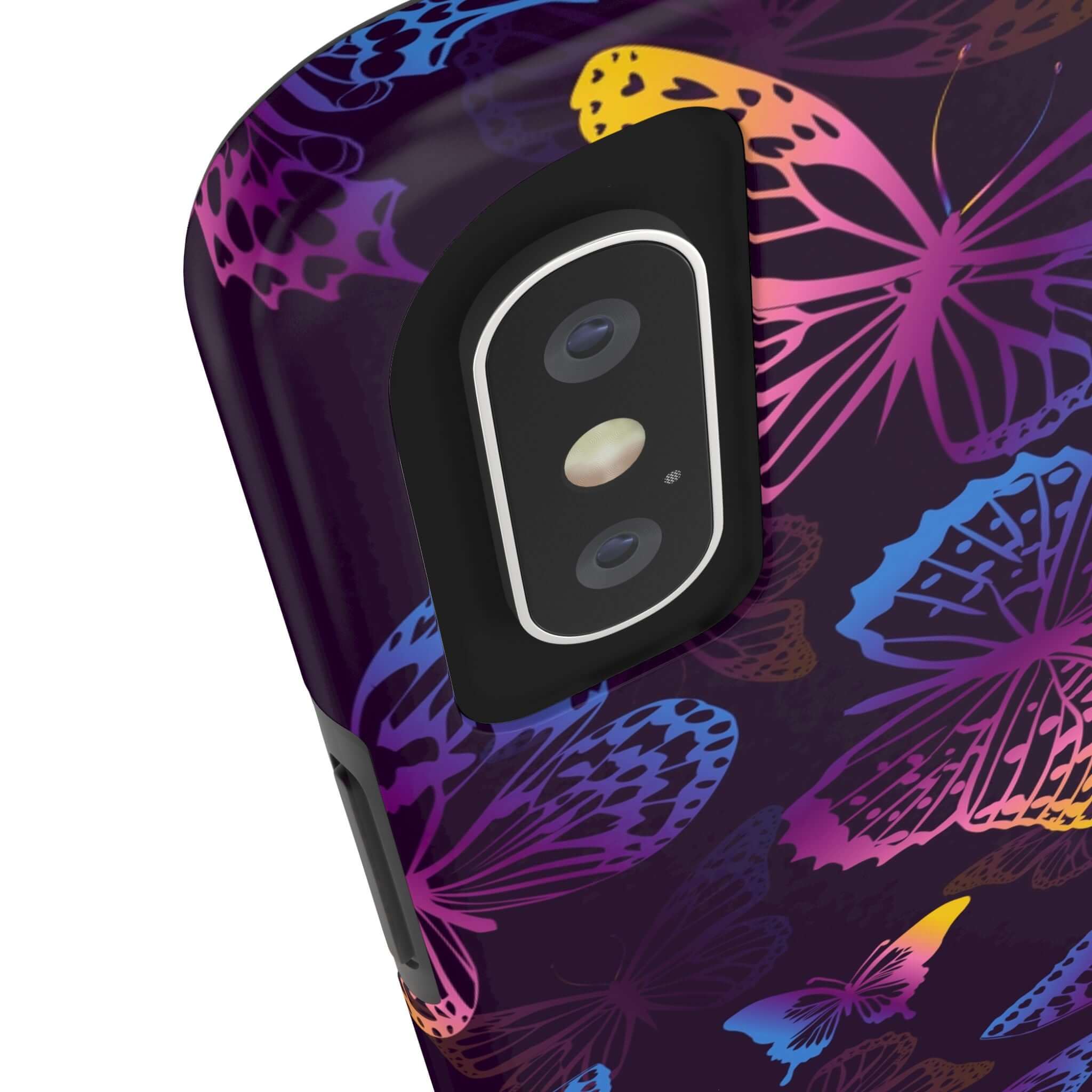 Midnight Flutter black butterfly MagSafe iPhone case with colorful and cute butterfly design, perfect floral phone cover for bold style.