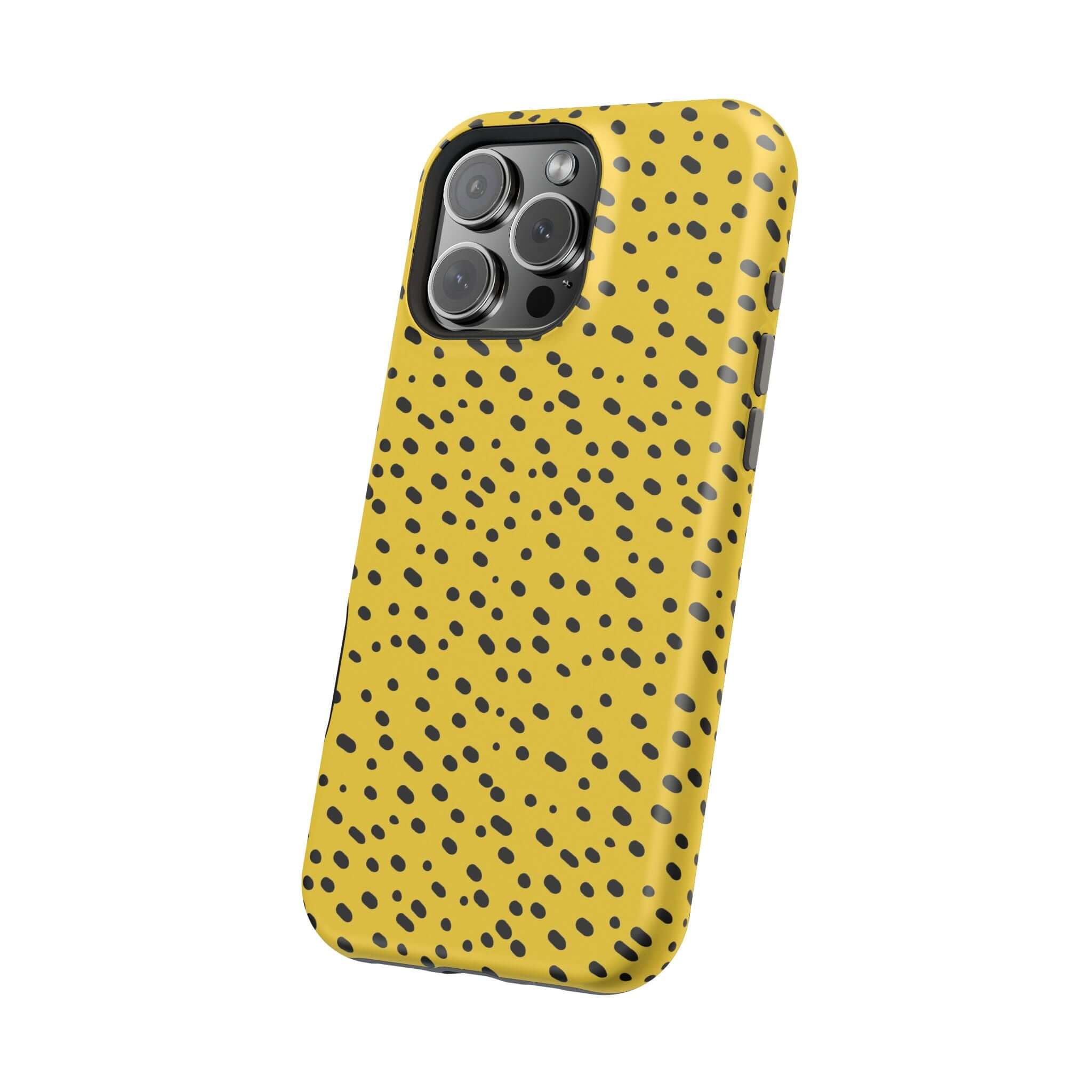 Yellow cheetah print iPhone case with bold spots and MagSafe compatibility offers cute, colorful, and abstract protection.