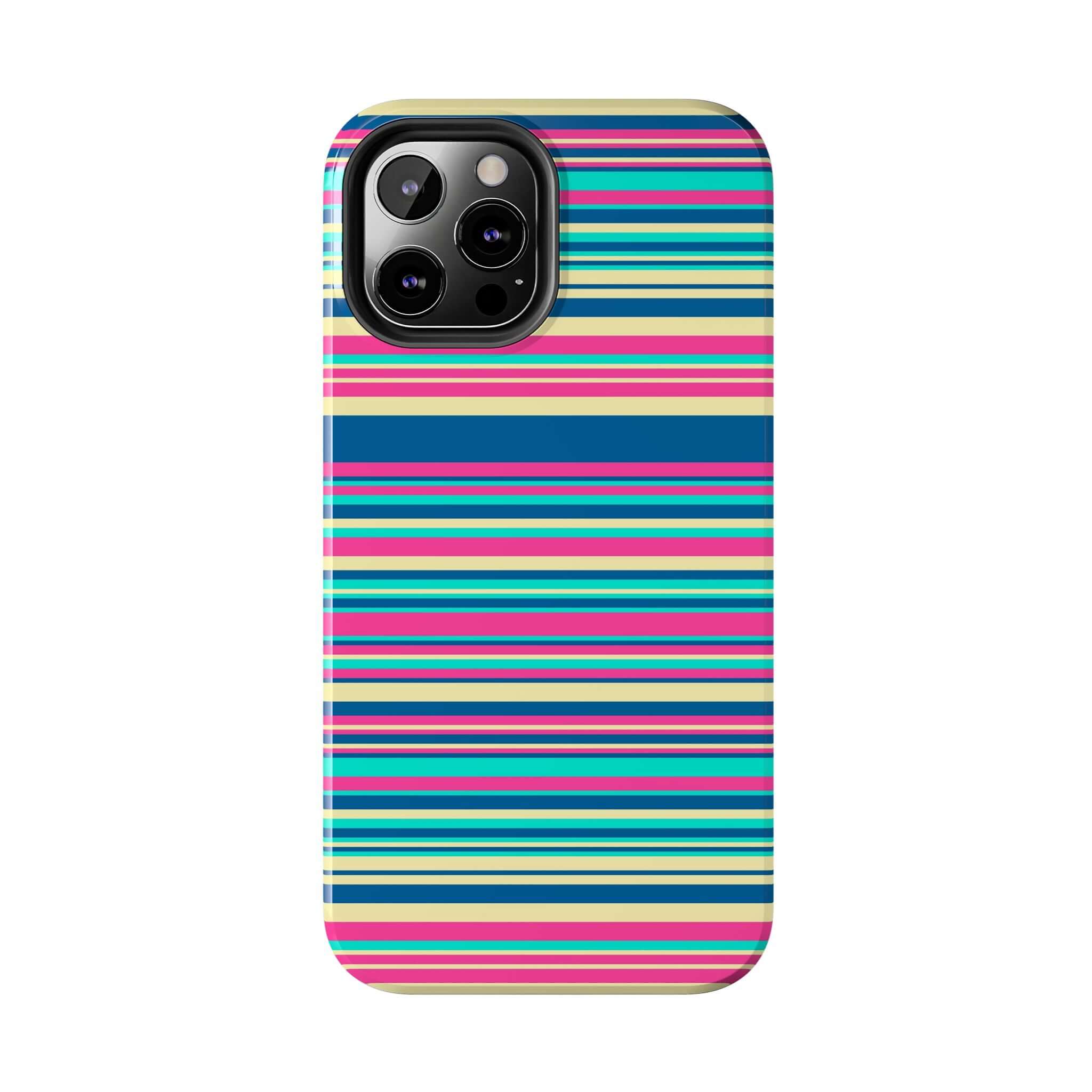 Colorful striped cute iPhone case for iPhone 14 and iPhone 15, protective and playful phone cover with free shipping.