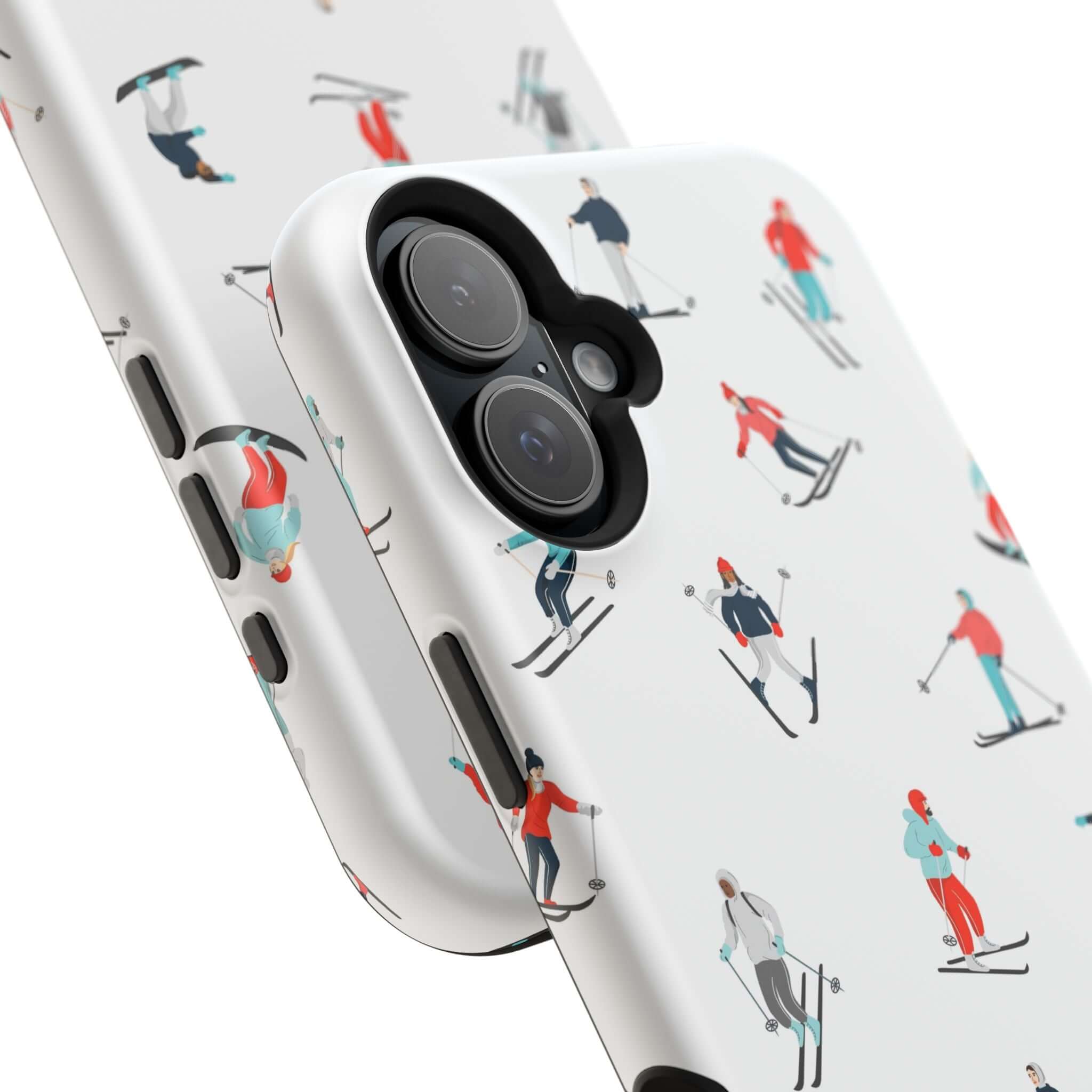 Cute Snowy Slopes phone case showcasing playful skiing designs, perfect for winter sports lovers and MagSafe compatible.