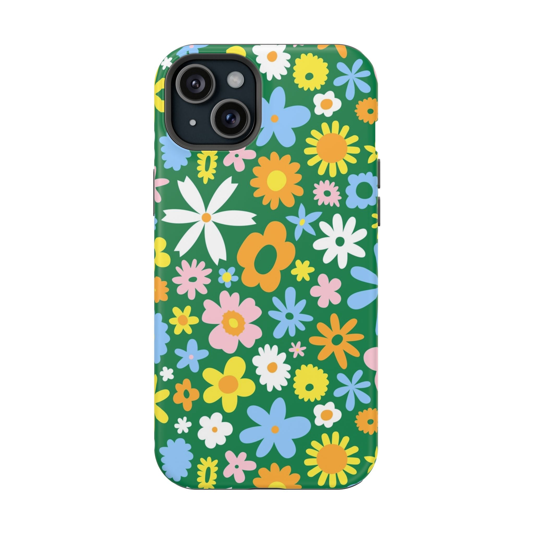 Vibrant hippie floral MagSafe iPhone case with colorful flowers on a green background, perfect cute phone cover for style and protection.