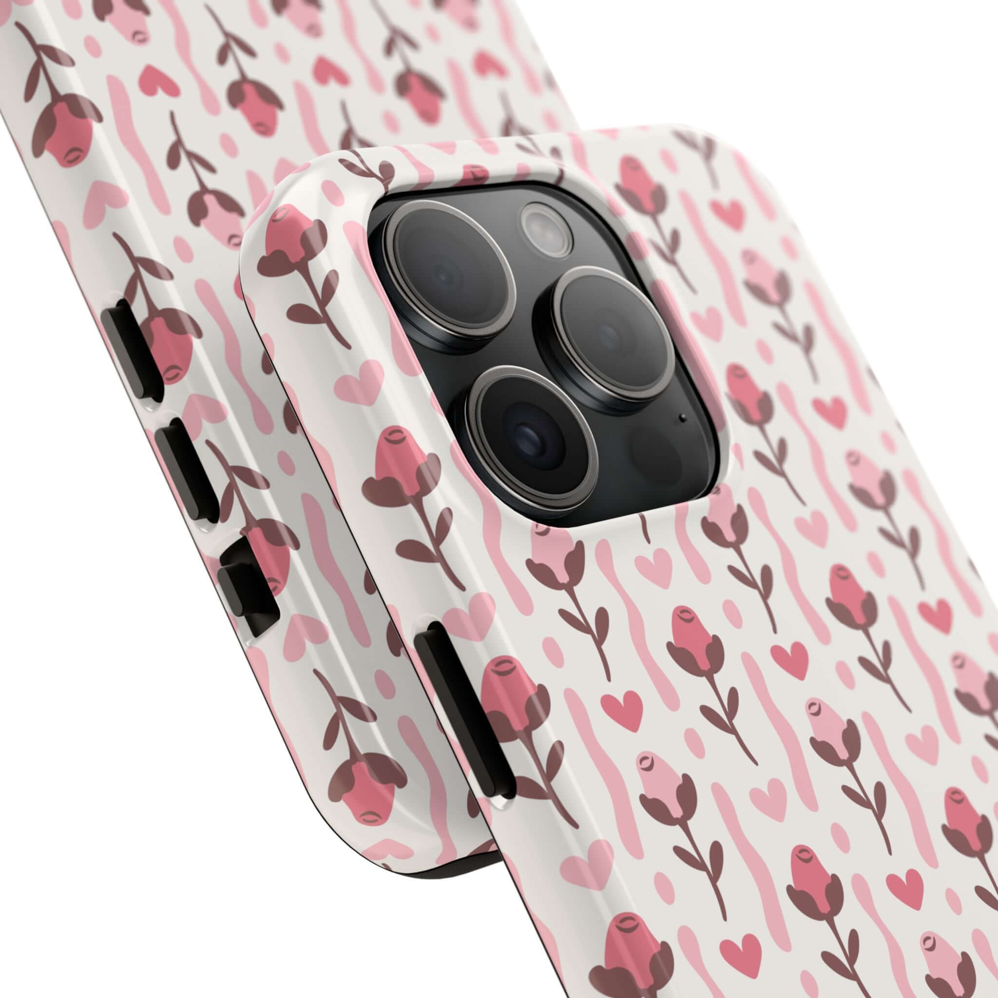 Close-up of cute iPhone case with red rose and heart design, custom phone cover for iPhone, free shipping available.