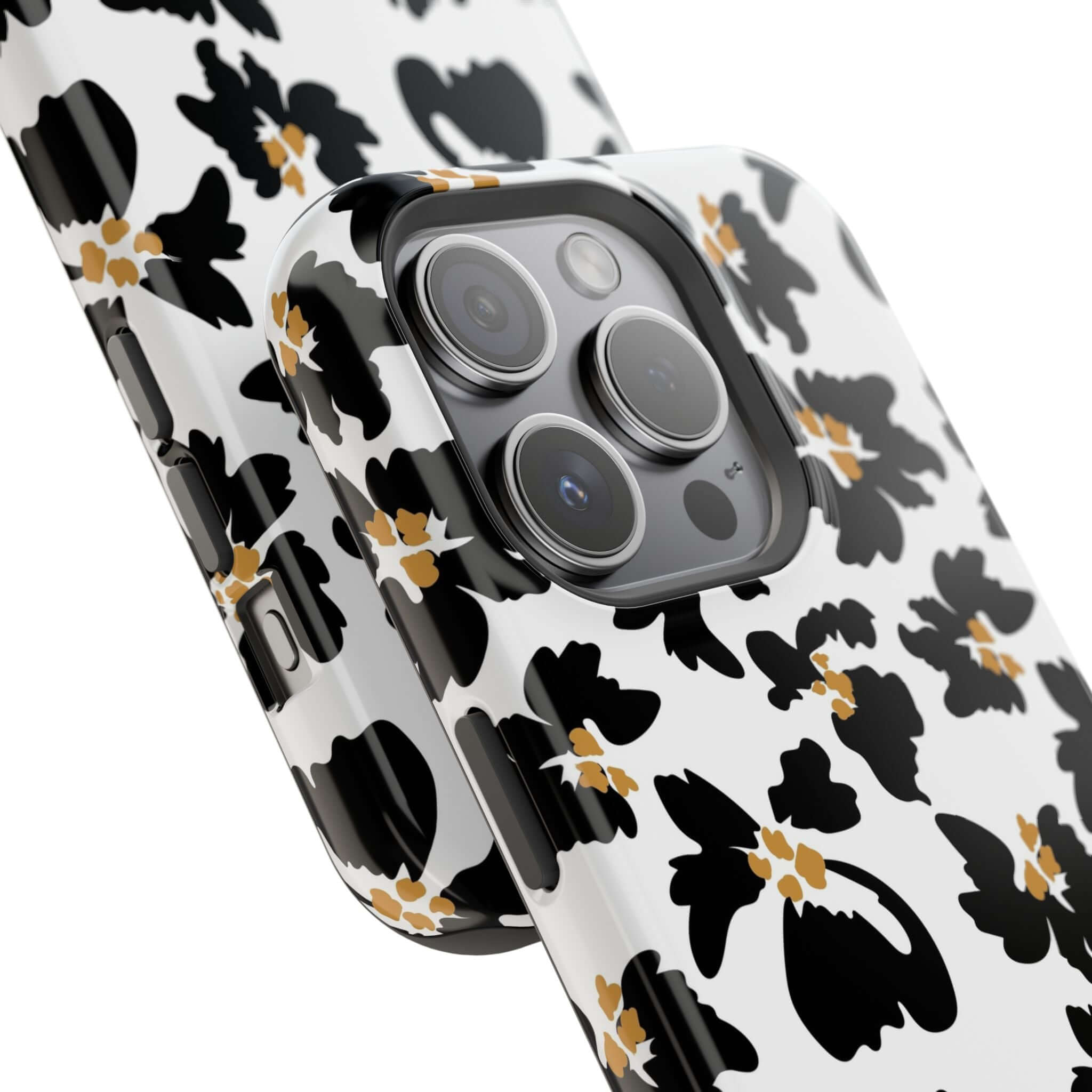 Modern black floral iPhone case with MagSafe, featuring a stylish animal print design, perfect for fashion-forward phone protection.