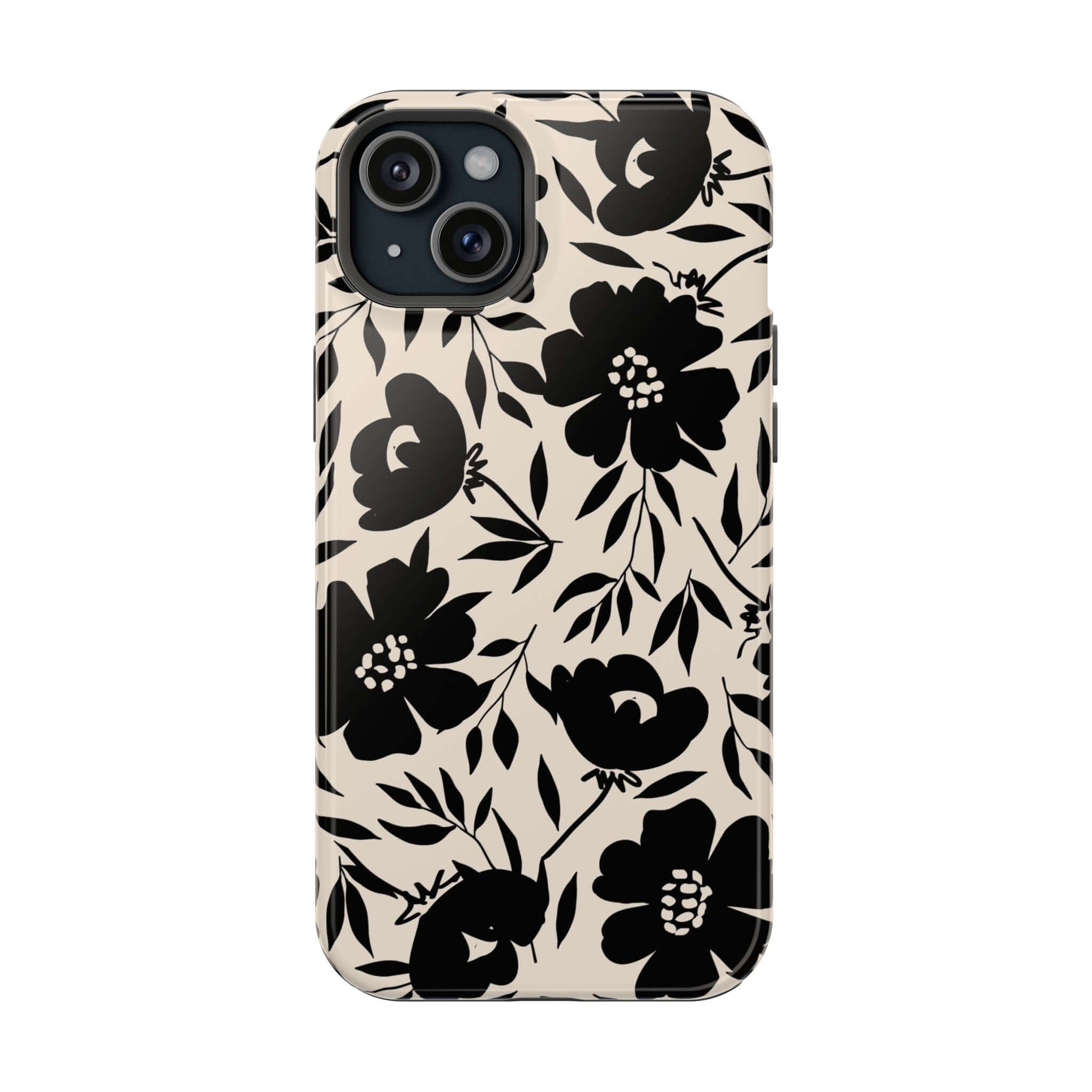 Black floral iPhone 16 case with bold design, cute phone case enhancing style and adventure.