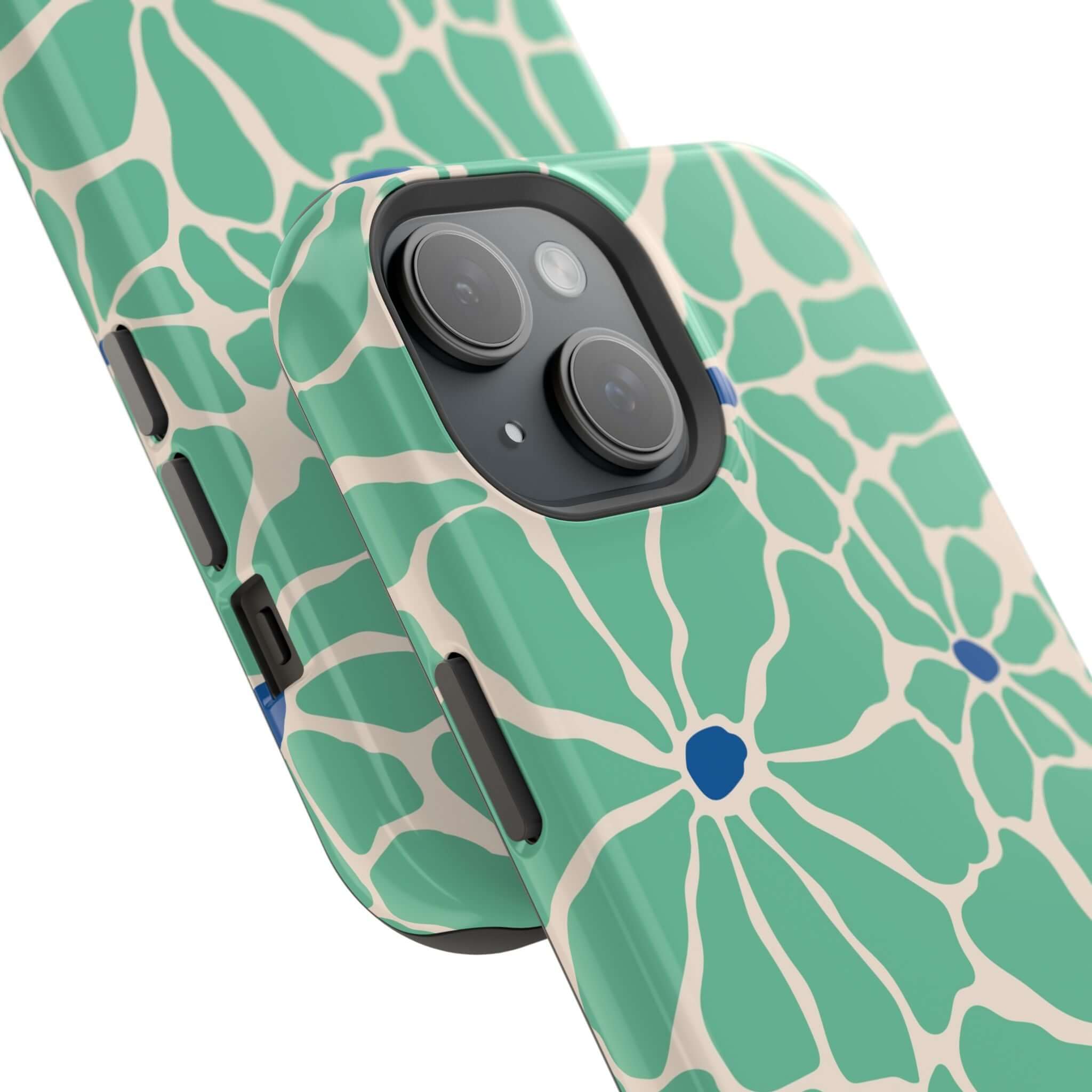 Cute Tropical Splash Retro Floral Case for Apple iPhone, showcasing vibrant green and blue floral design.