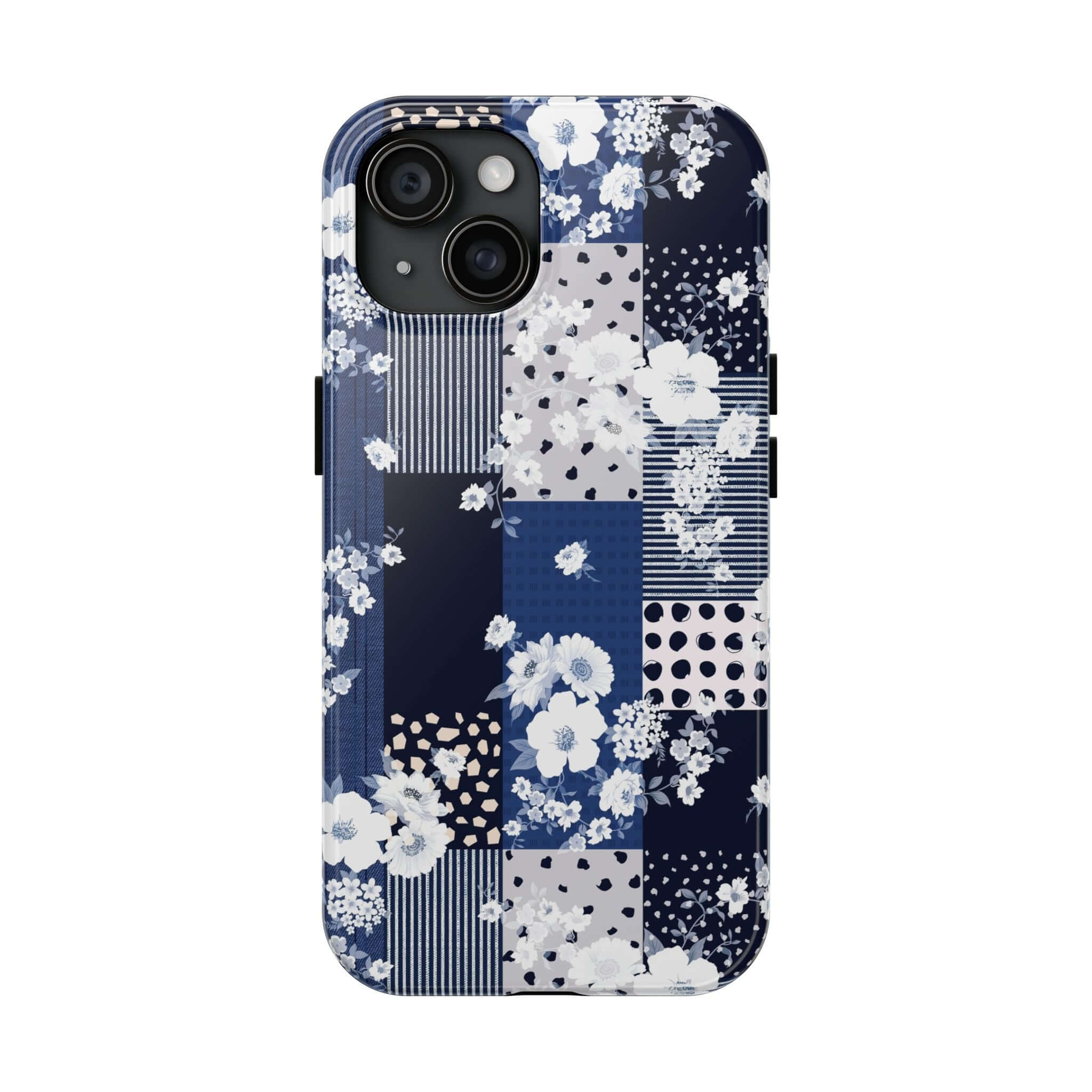 Blue floral patchwork phone case for iPhone and Samsung, cute sorority book club design, phone cover with flowers.