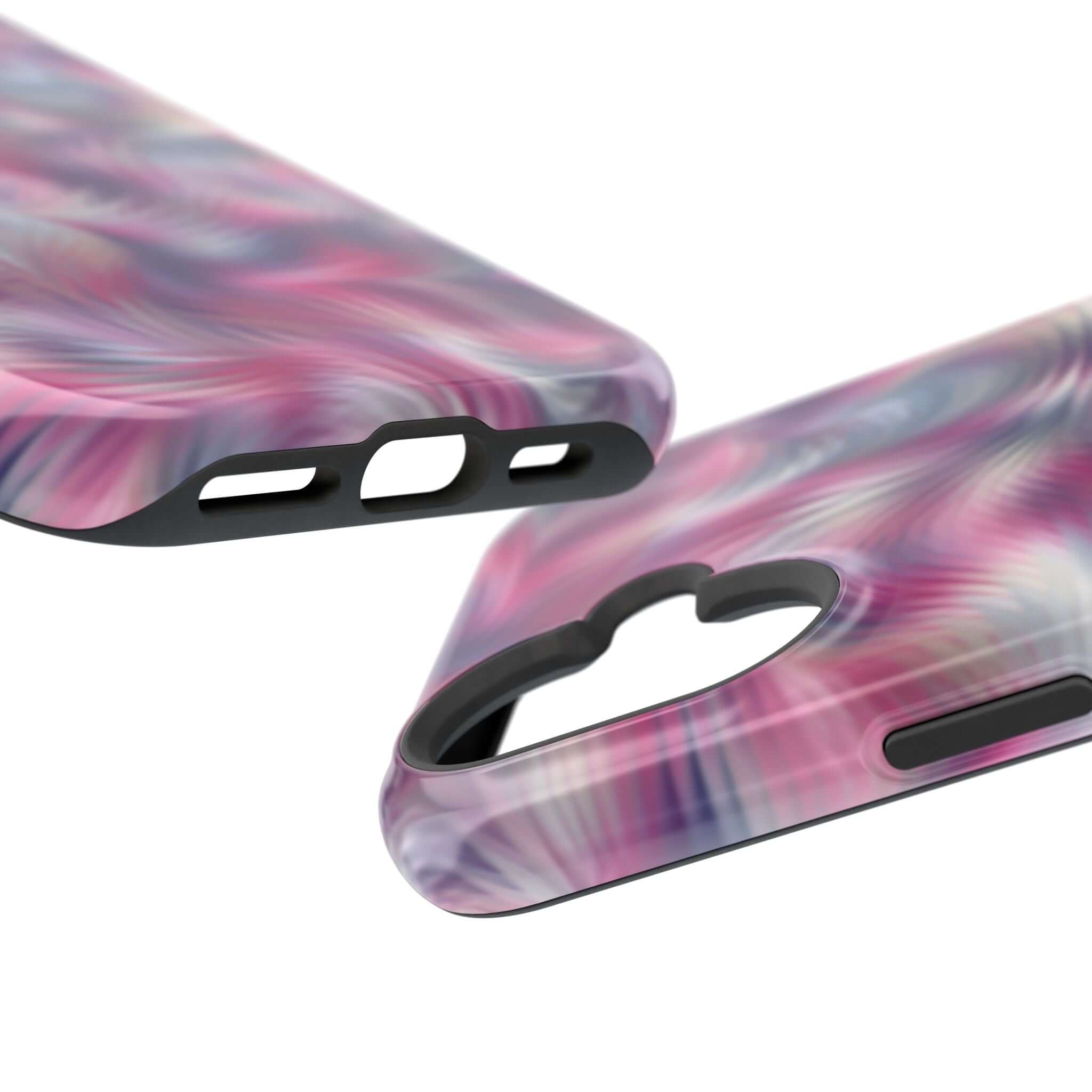 Purple tie dye swirl MagSafe iPhone case, cute abstract phone cover with floral vibes, adds quirky charm and protection.