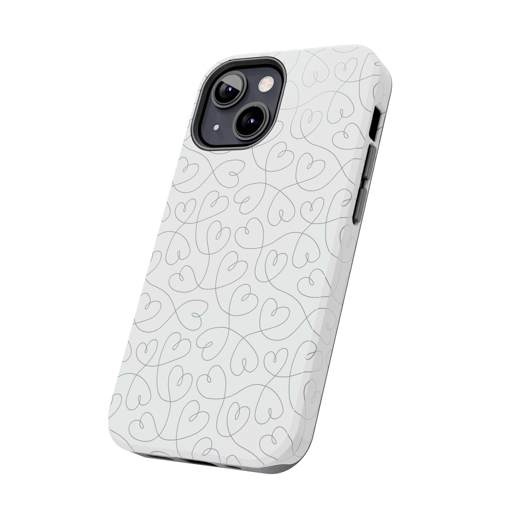 Abstract hearts iPhone 14 Pro Max case with silver background, perfect cute phone case for brides and weddings