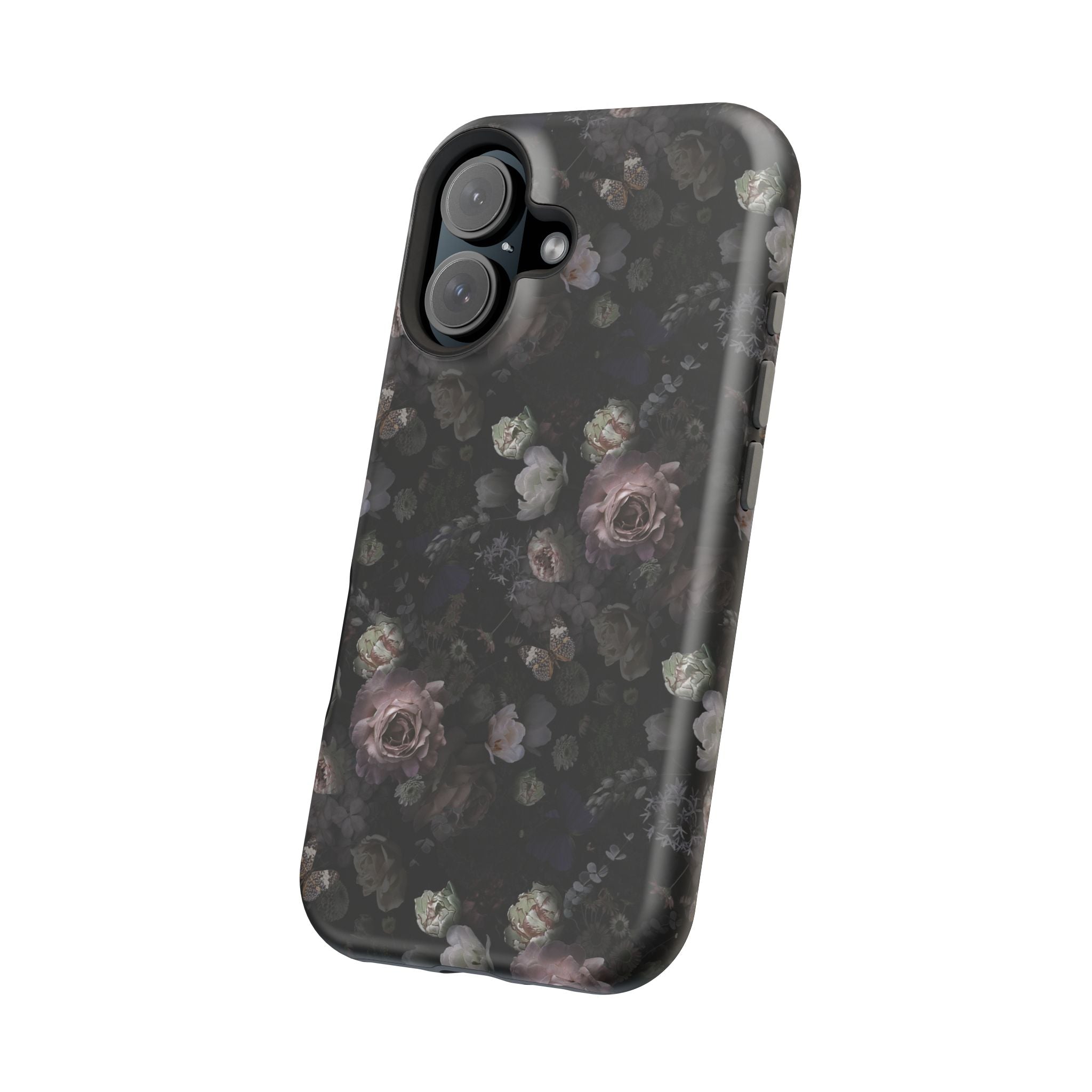 Midnight Curse black floral MagSafe iPhone case with roses, a cute phone cover for stylish protection.