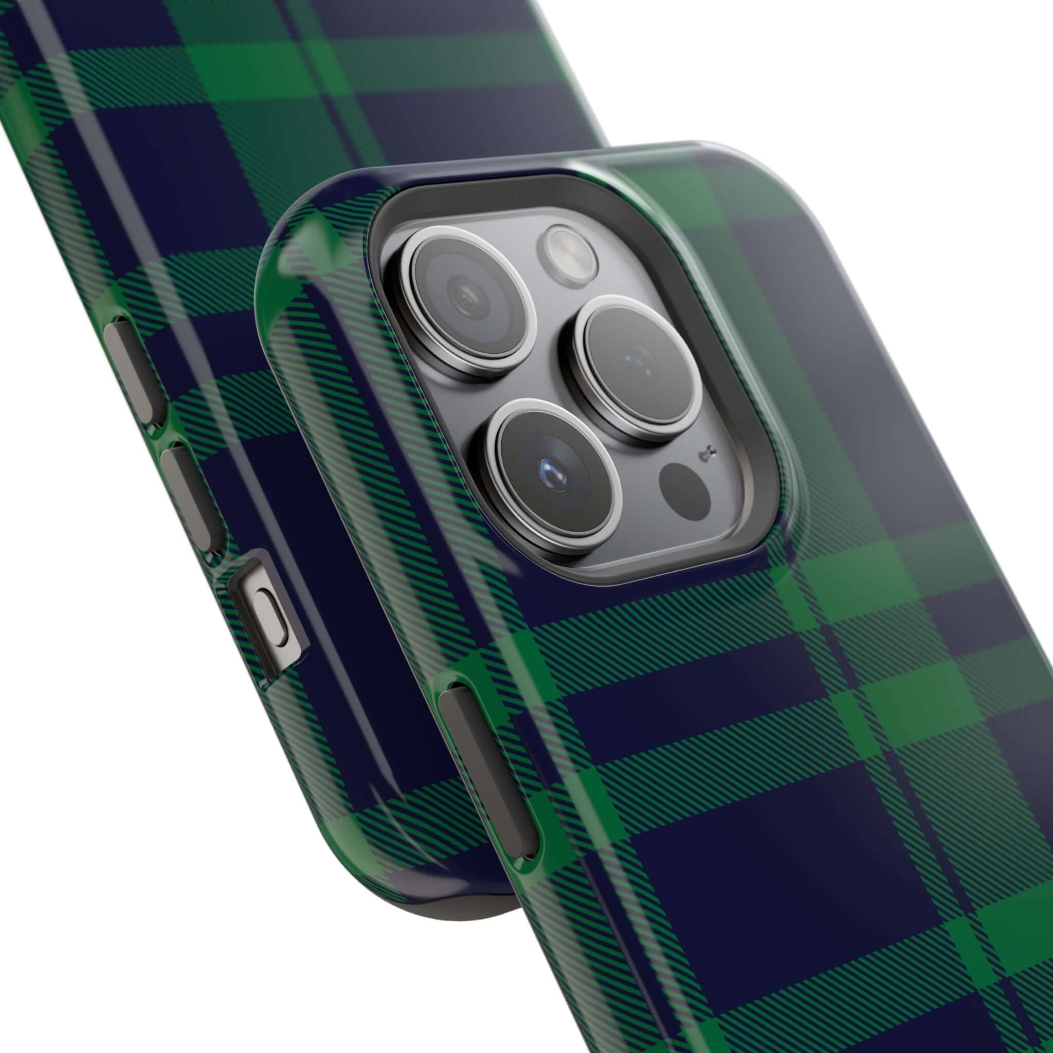 Cute Mistletoe Plaid MagSafe case for iPhone, featuring festive green and navy plaid patterns for holiday cheer.