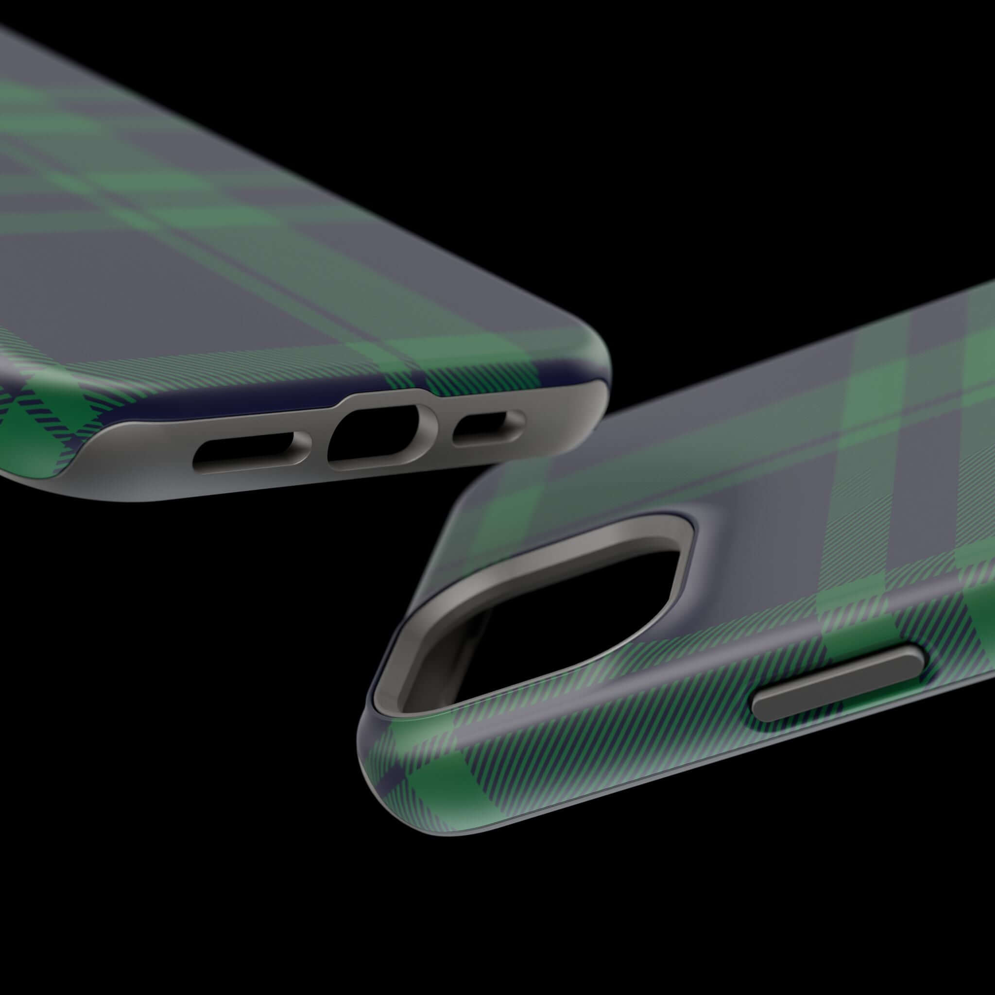 Close-up of Mistletoe Plaid MagSafe Case showcasing its cute plaid design and phone protection features. Perfect for holiday cheer!