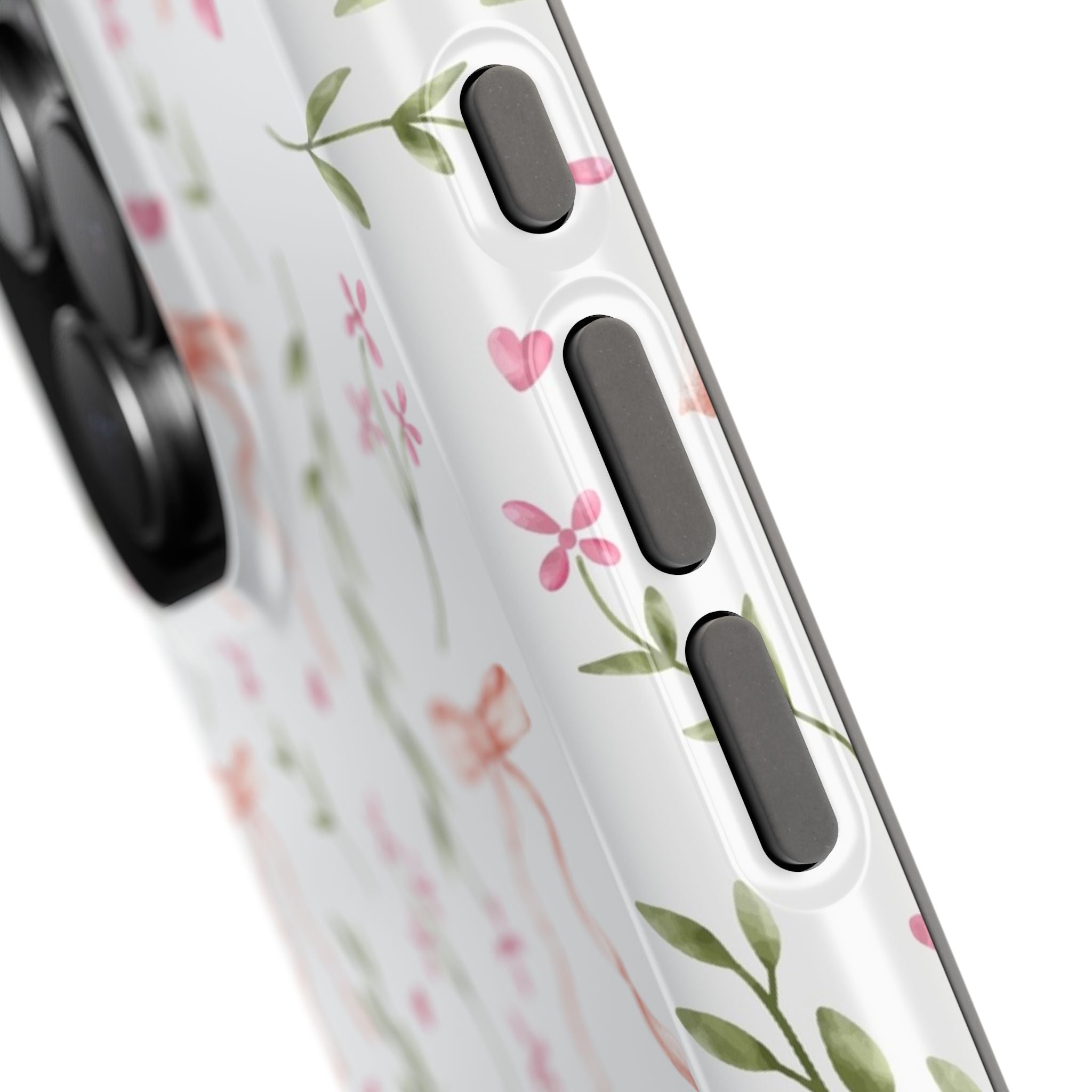 Close-up of Darling Daydream Pink Coquette MagSafe iPhone case with floral design and charming bows. Cute phone cover for fashion lovers.