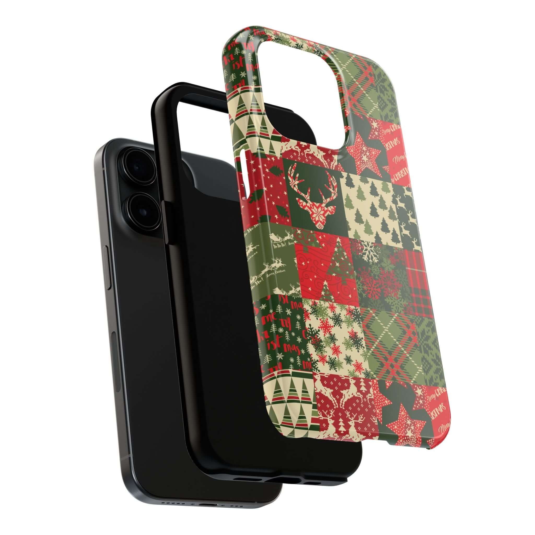 Cute iPhone case with Christmas trees and reindeer design, festive phone case from Cozy Quiltmas.