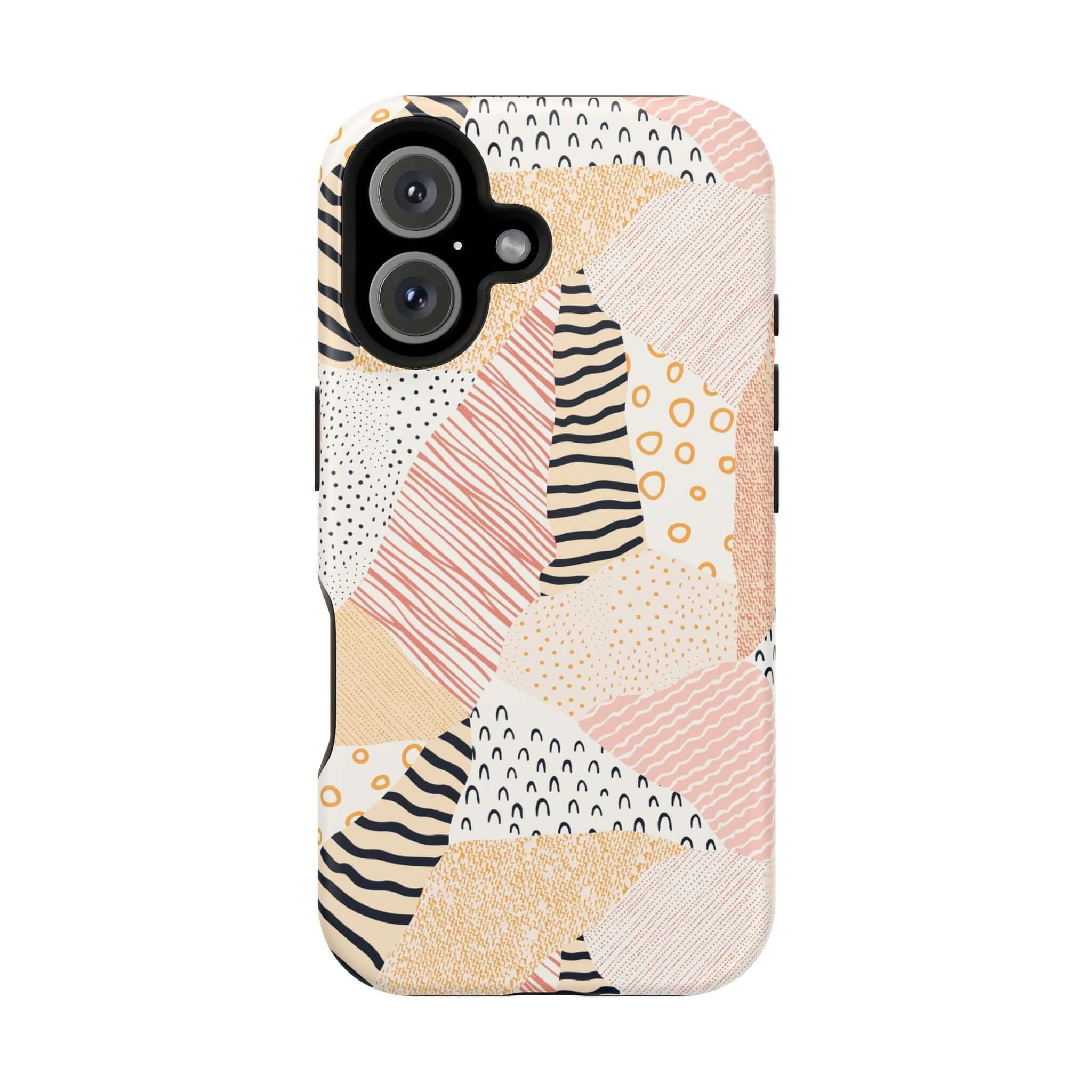 Peach and colorful patchwork phone case for iPhone 16, featuring cute, vibrant patterns and design to brighten up your device.