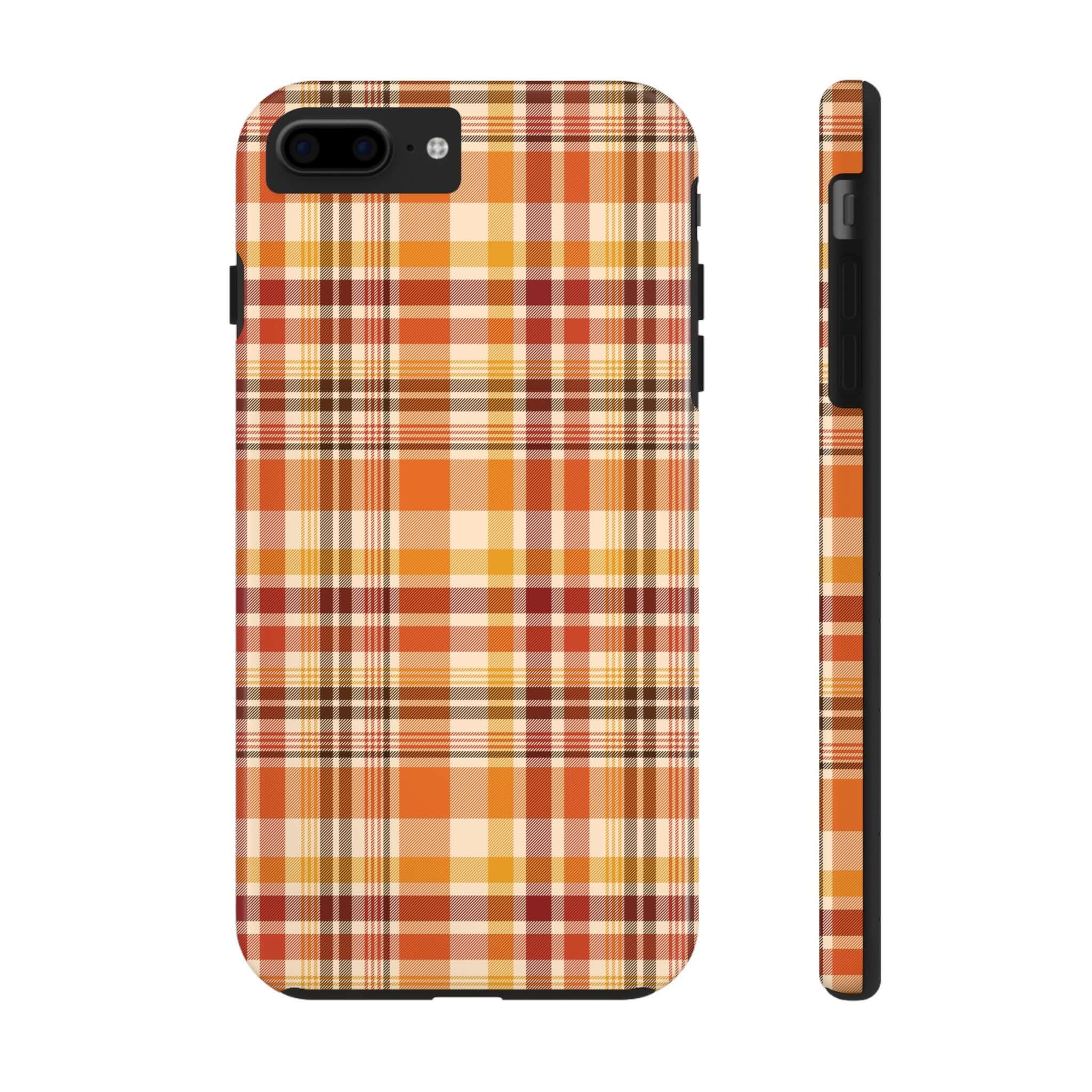 Autumn Air Fall Plaid iPhone Case with Orange and Yellow Plaid Design, Perfect Halloween and Cute Fall Phone Accessory