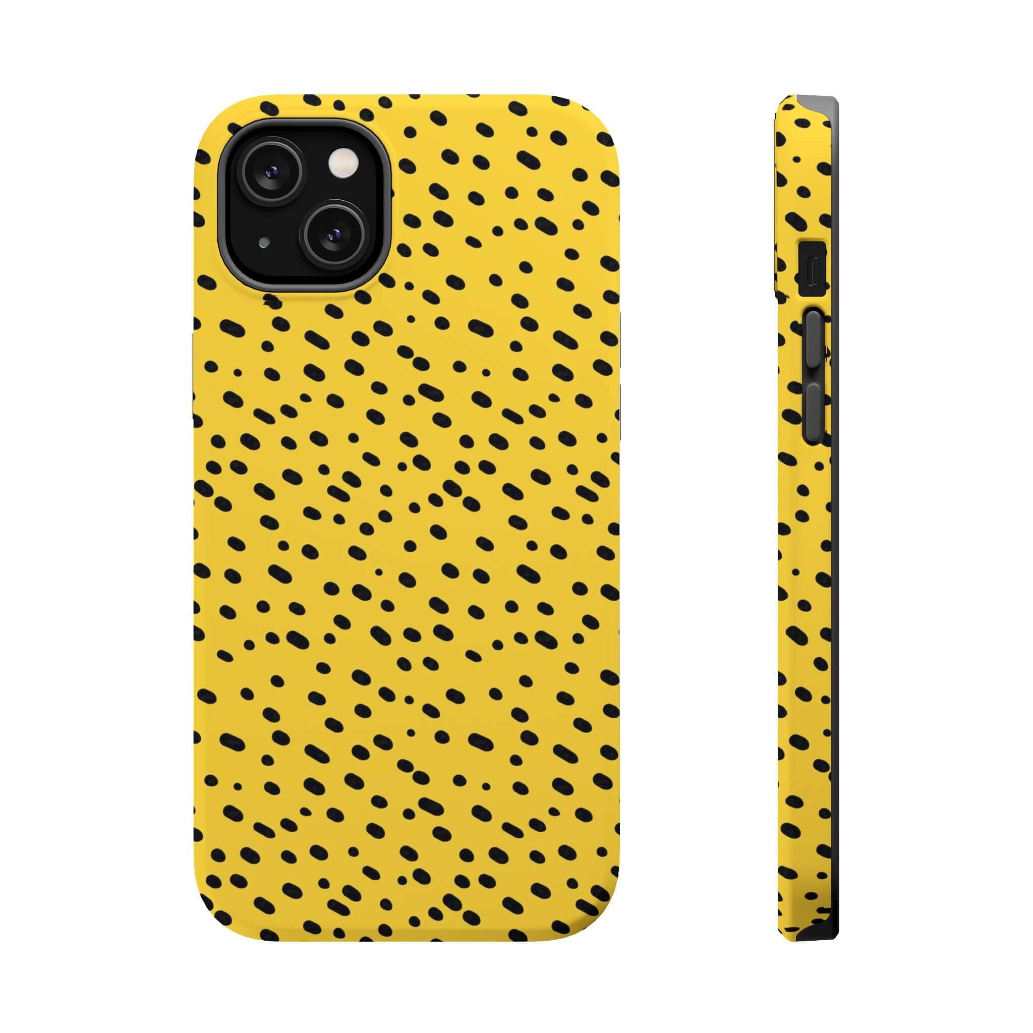 Yellow Cheetah iPhone Case with black spots, MagSafe compatible. Cute, colorful abstract design for phone protection.