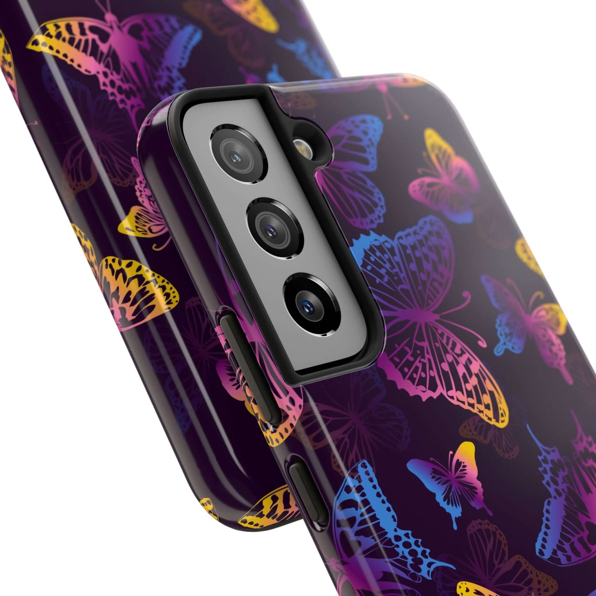 Black butterfly MagSafe iPhone case with colorful floral design, perfect cute phone cover for a bold and unique look.