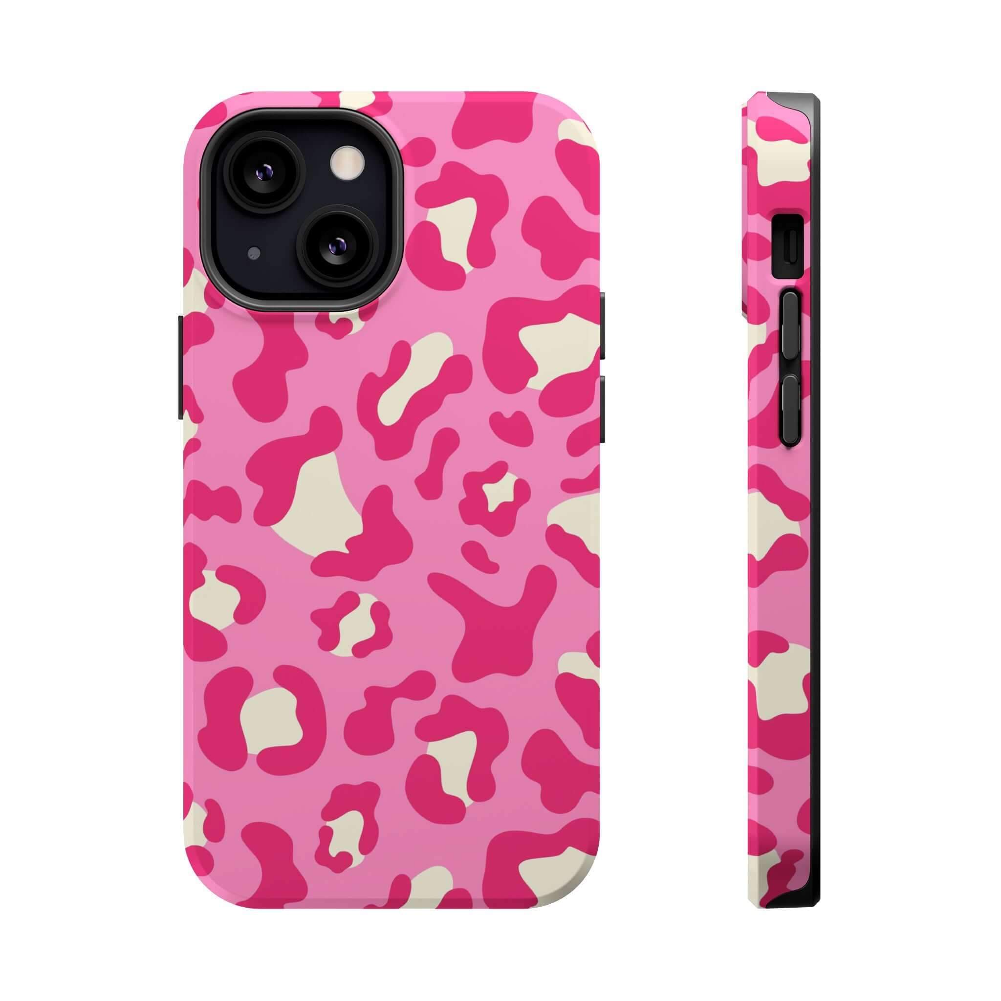 Preppy Cheetah Pink Case for iPhone 14 Pro Max showcasing colorful MagSafe design from the front and side views.