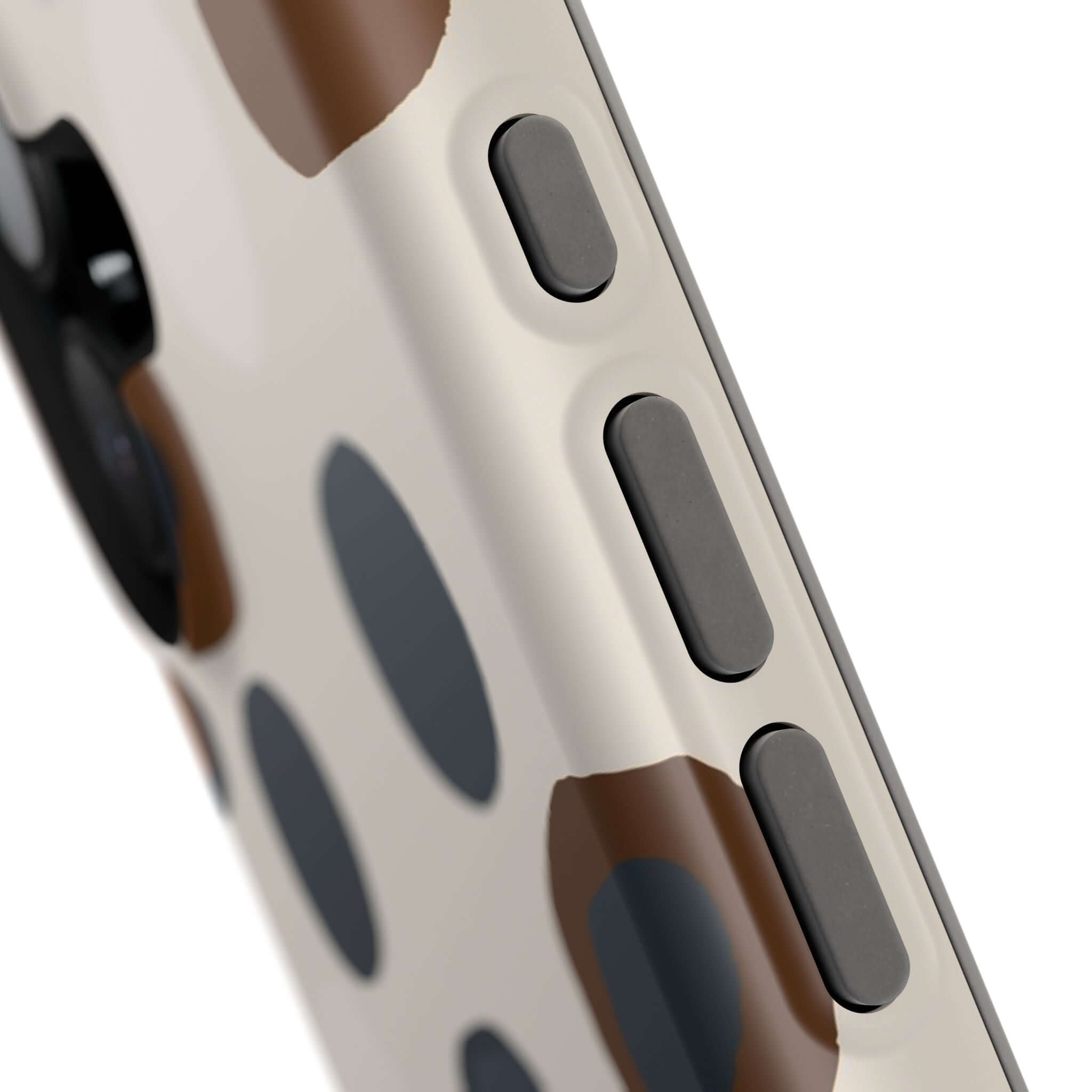 Close-up of Chic Wanderer Modern Spots Case for iPhone, featuring a playful brown and black abstract design with MagSafe compatibility.