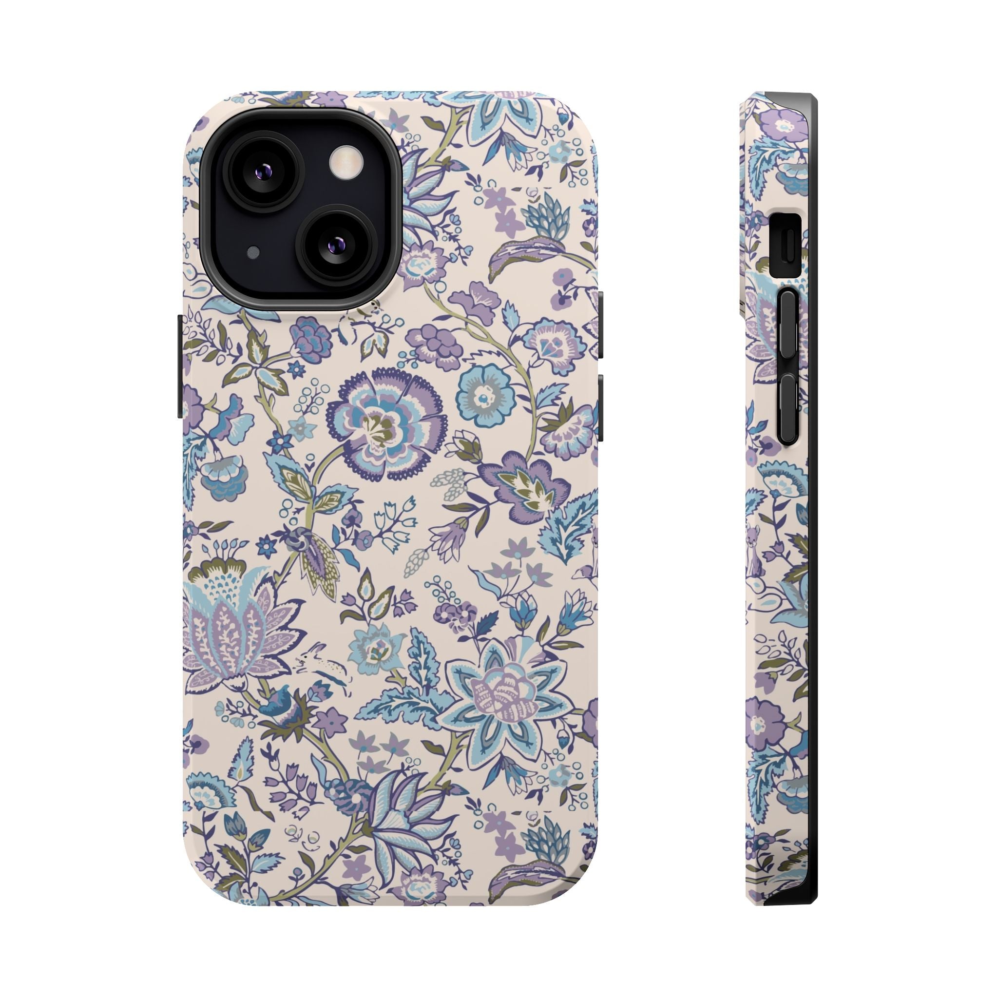 Blue CottageCore Floral MagSafe iPhone Case, Cute Phone Cover with whimsical garden design, perfect floral protection for your phone.