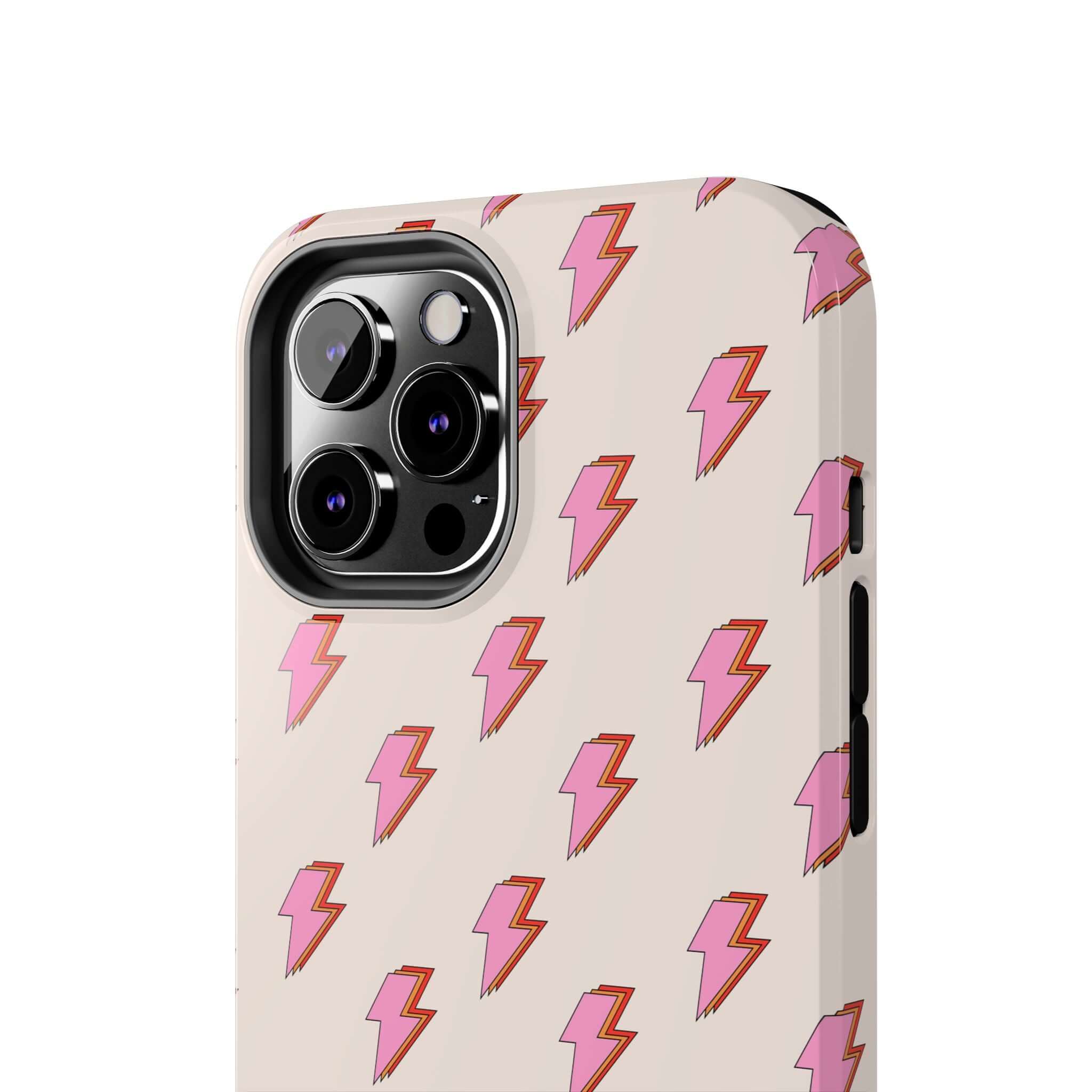 Electric Vibes lighting bolt case with retro pink bolt design for cute iPhone 14 and iPhone 15, stylish iPhone cover, cute phone cases.