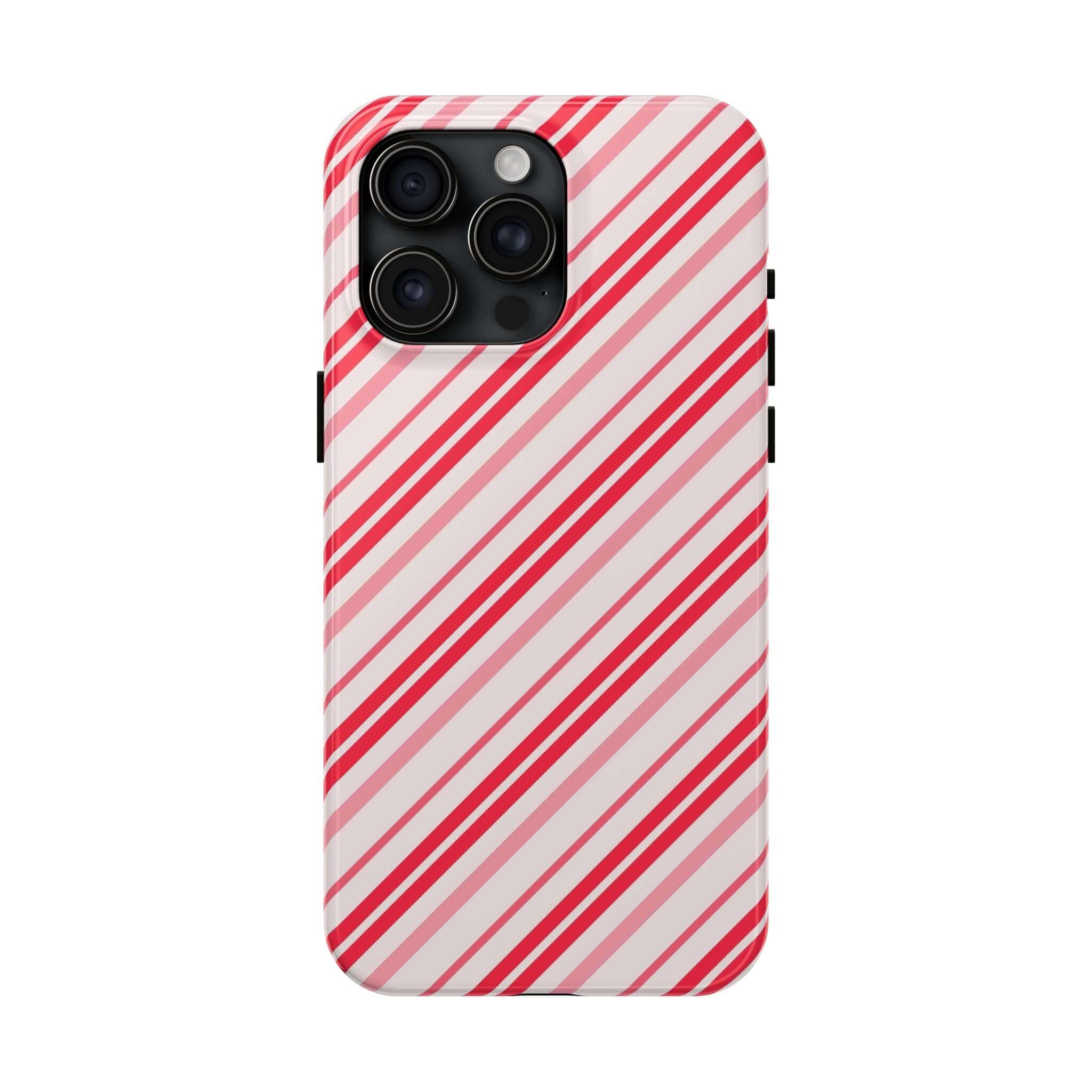 Striped holiday iPhone case with red and white candy cane design, perfect for Christmas. Cute and customizable phone case accessory.