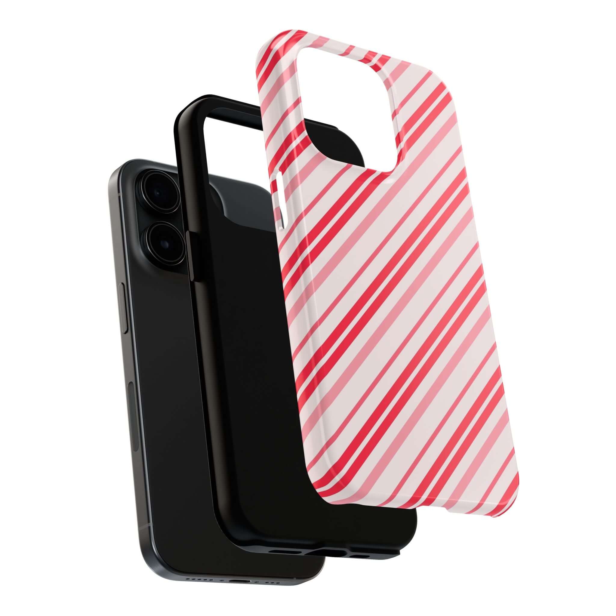 Striped candy cane design iPhone case with holiday theme, customizable for a cute, festive phone accessory.