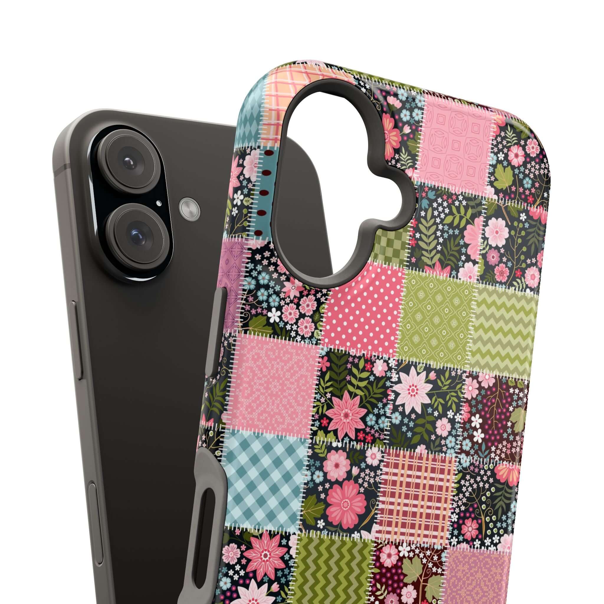 Wildflower patchwork design on Flora Forage MagSafe iPhone case, perfect cute floral phone cover for free-spirited souls.