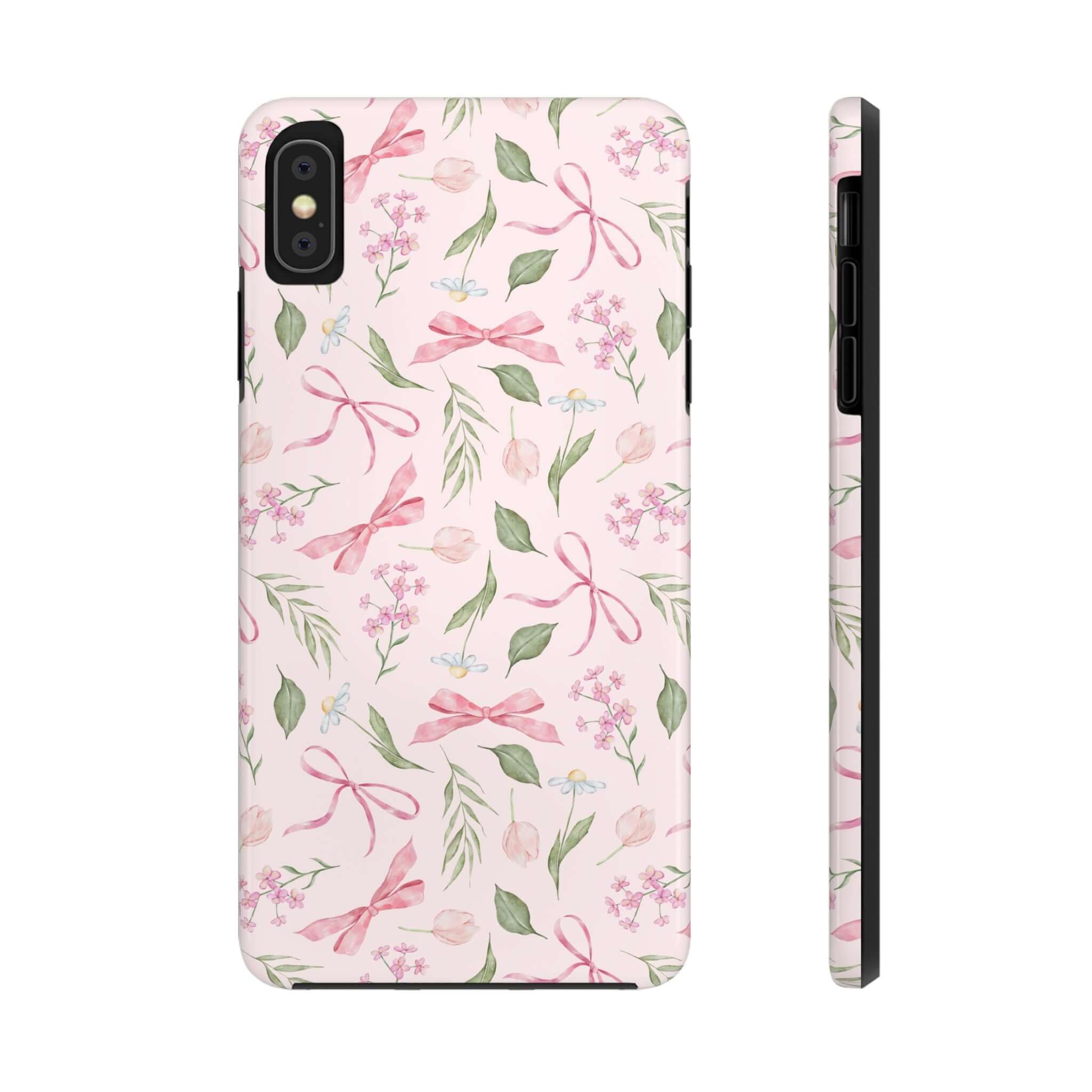 Cute pink iPhone case for iPhone 14 and 15 with bow and floral design, Coquette Bow Case, stylish and playful phone protection.