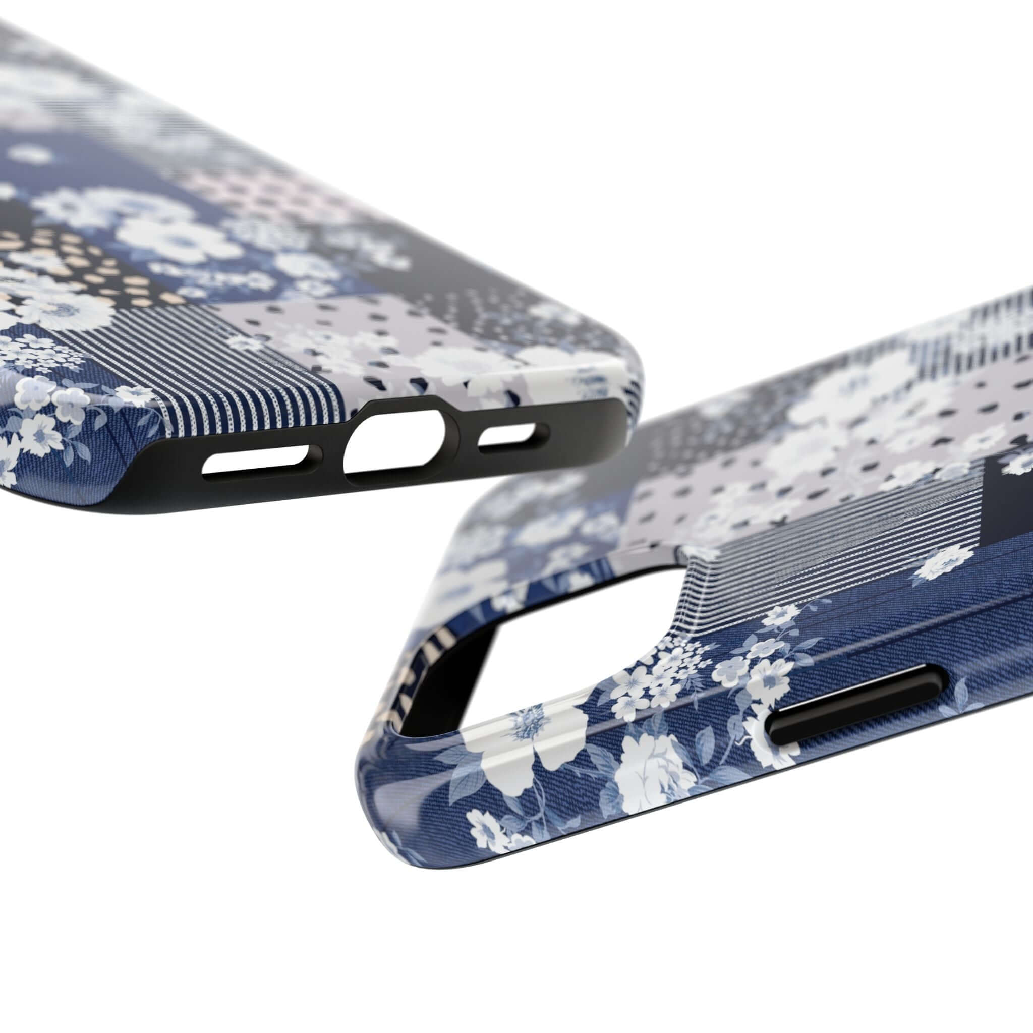 Blue floral phone case with cutouts for camera and buttons, perfect for iPhone or Samsung, featuring a cute patchwork design.