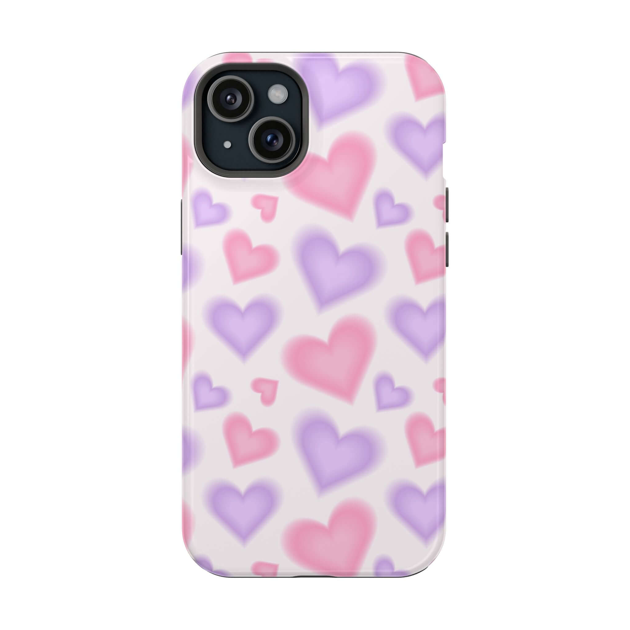 Blurred Love pink hearts case for iPhone, featuring a cute design and MagSafe technology for stylish protection.