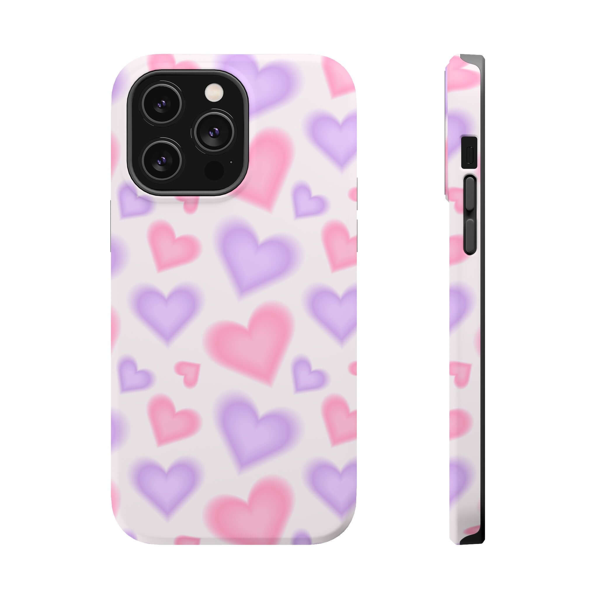 Cute phone cover featuring blurred pink and purple hearts, perfect for adding love to your Apple iPhone.