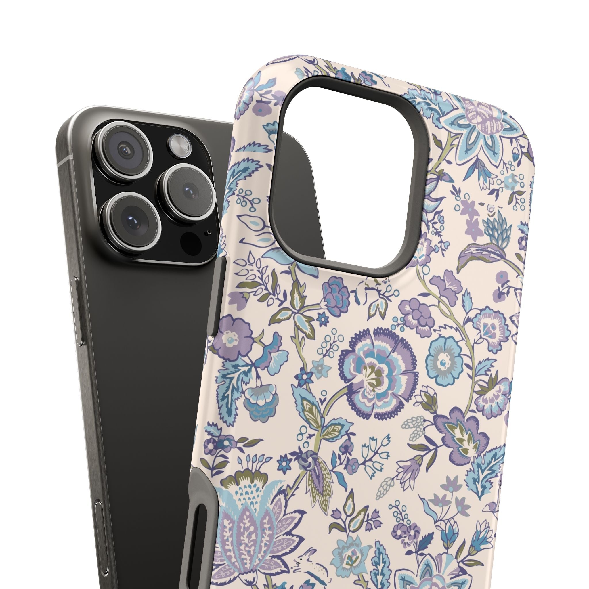 Blue floral CottageCore phone case for iPhone, cute and whimsical MagSafe cover with nature-inspired design for tech lovers.