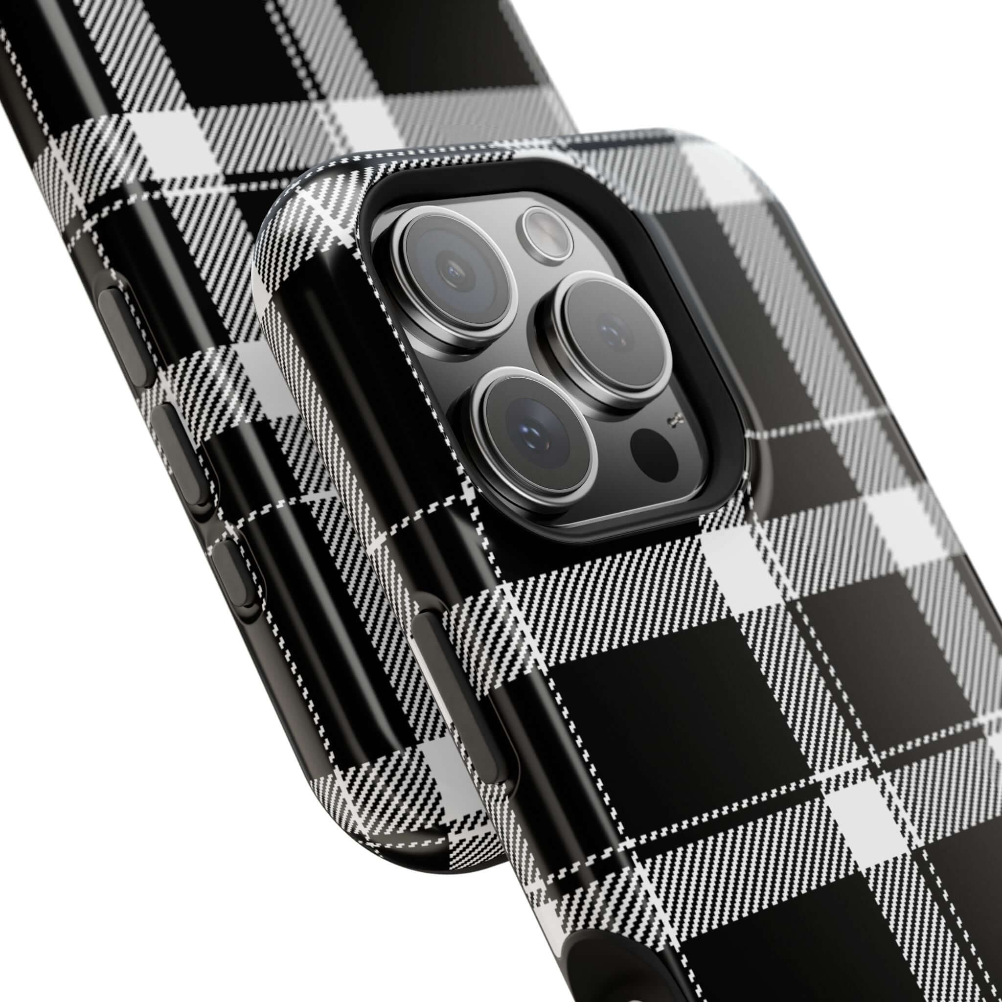 Black plaid phone case showcasing stylish design and protection for Apple iPhone, perfect cute phone cover.