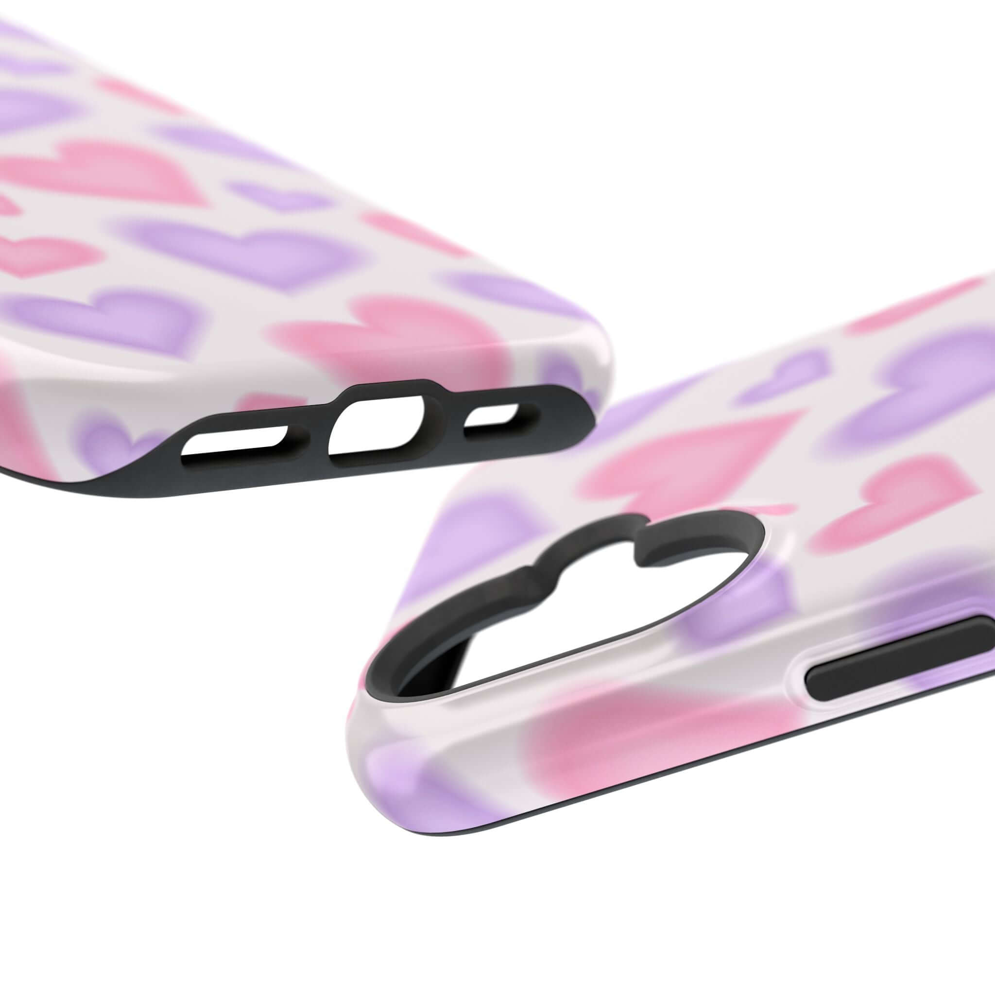 Close-up of Blurred Love pink hearts case for Apple iPhone, showcasing cute design and MagSafe compatibility.