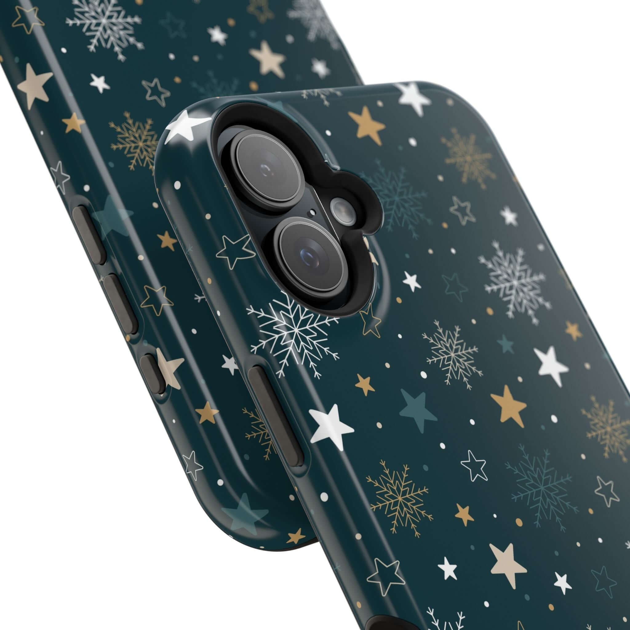 Festive Christmas phone case with snowflakes and stars, MagSafe compatible, holiday-themed for a cute, secure iPhone cover.