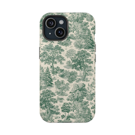 Woodland Whisper Green Trees Case for iPhone 14 and iPhone 15, cute iPhone case featuring green forest design on protective phone cover.