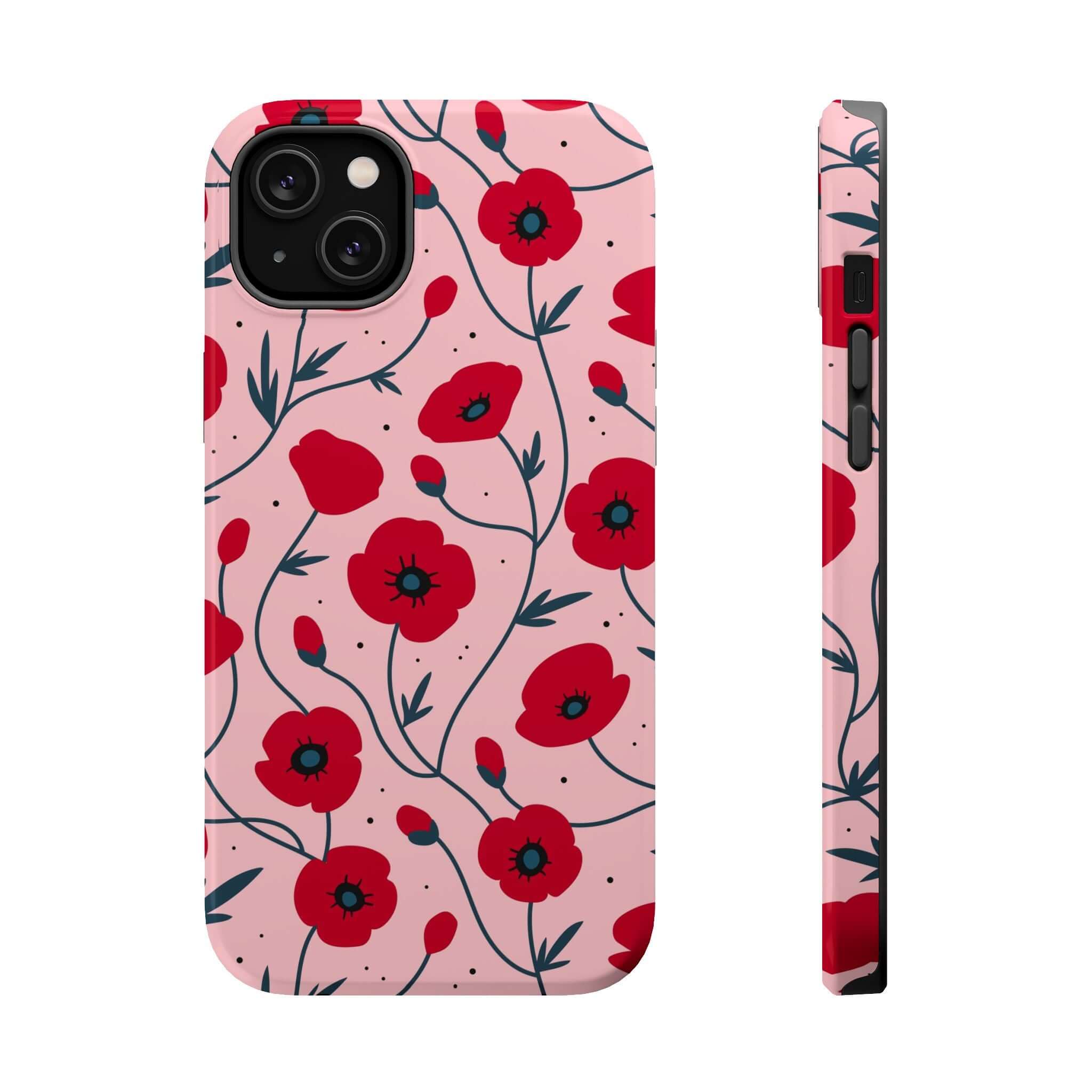 Pink n Poppy pink floral iPhone case with red flowers, offering stylish protection and free shipping; cute phone case brands.