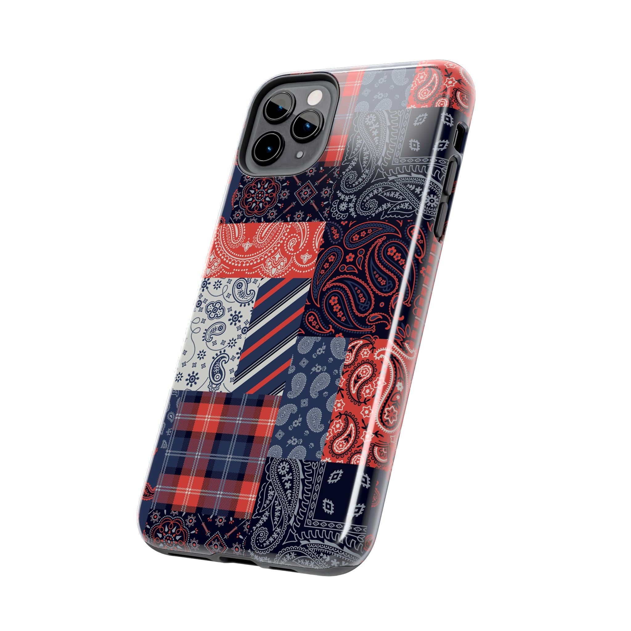 Cute bookish phone case for iPhone 14 Pro with boho bandana patchwork design, stylish protection for fashion-forward individuals.