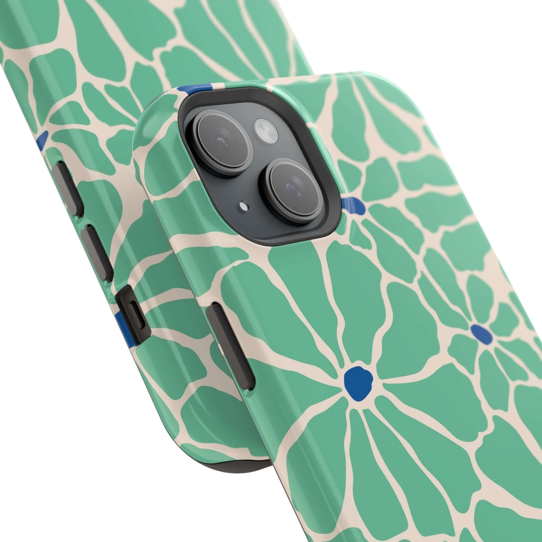 Cute Retro Floral iPhone Case with tropical green design and MagSafe compatibility for stylish phone protection.