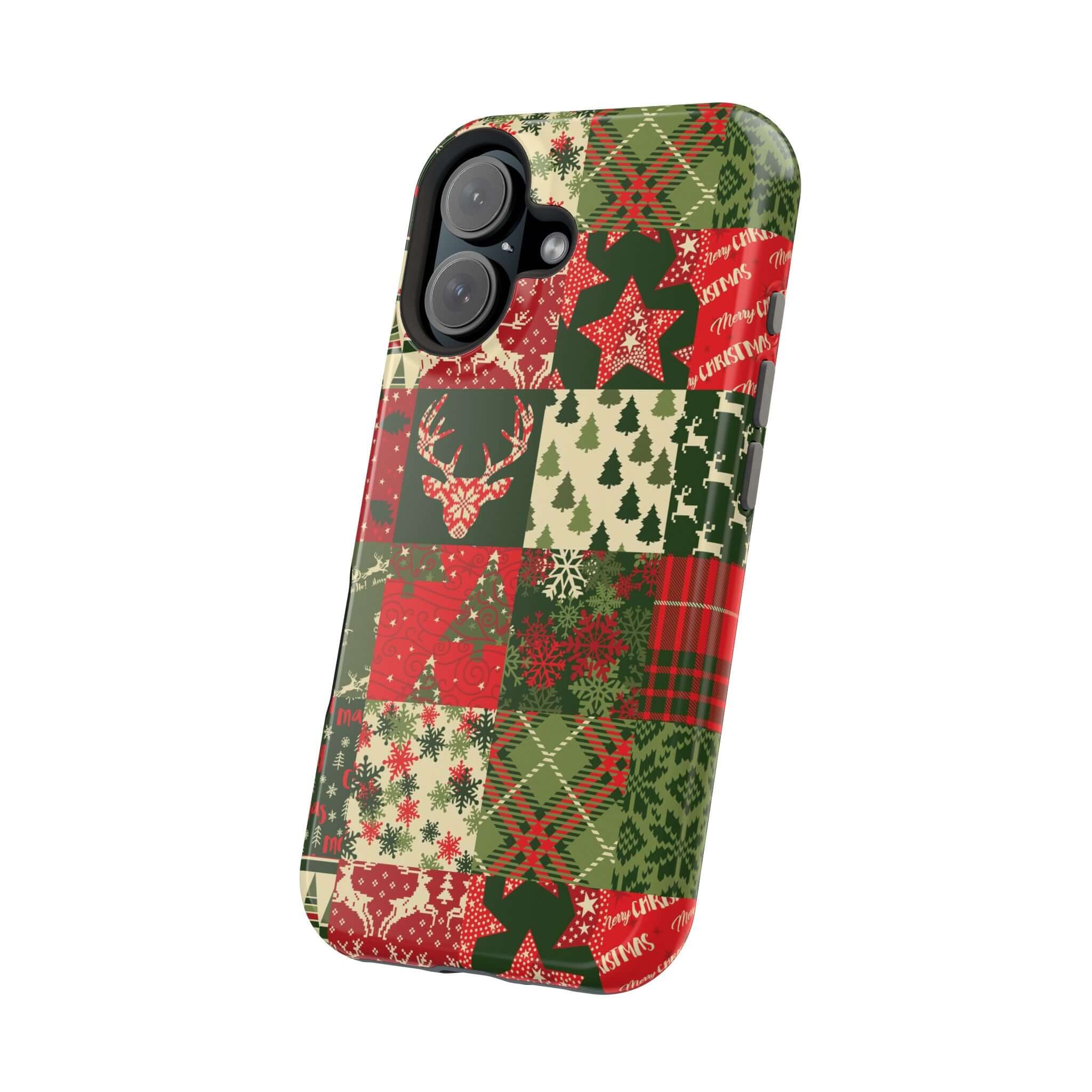 Cozy Quiltmas MagSafe Case with festive patchwork design, perfect Xmas phone cover for holiday cheer and secure MagSafe attachment.