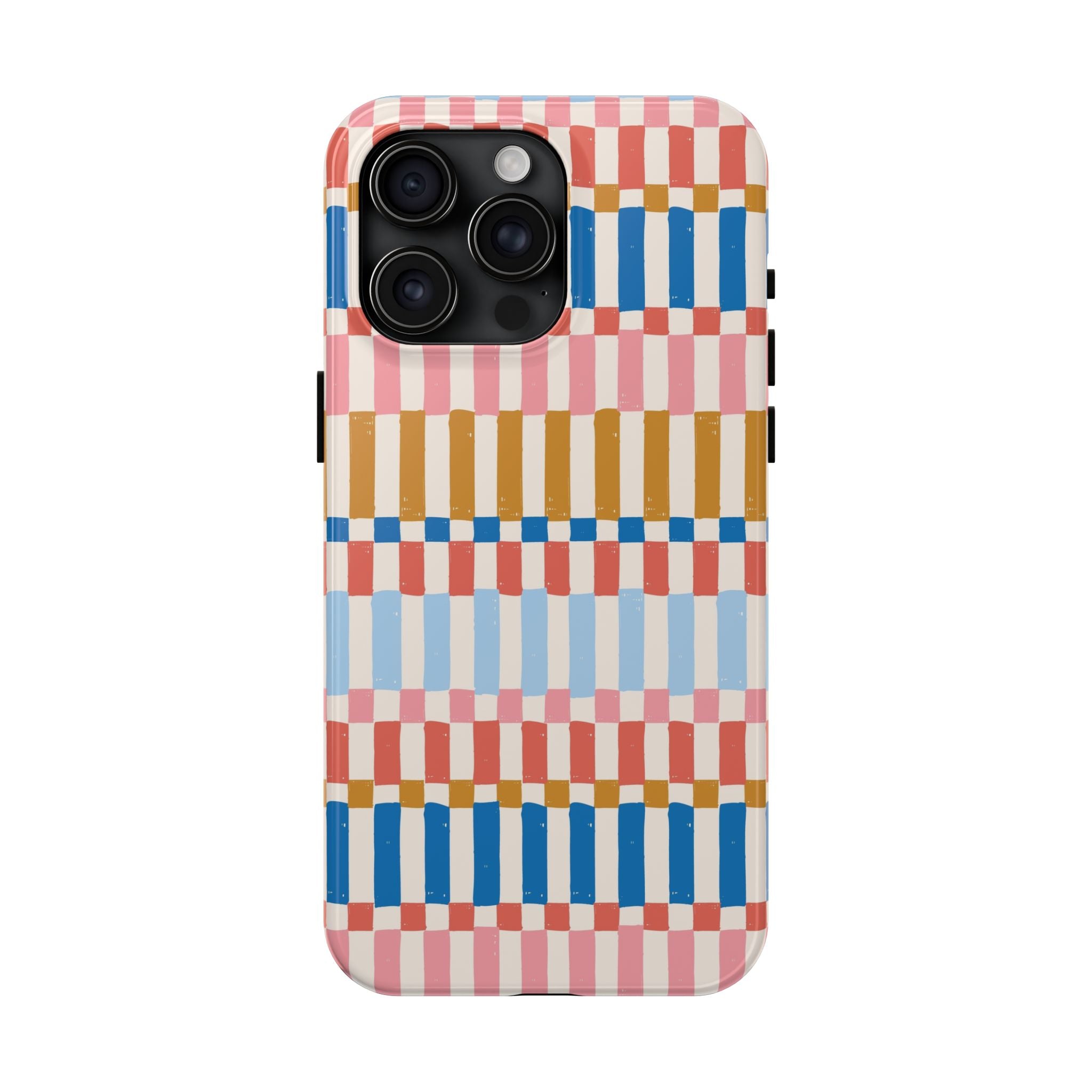 Colorwave Stripes vintage drawing case for iPhone with vibrant blue, pink, and yellow stripes. Cute and sleek iPhone case cover.