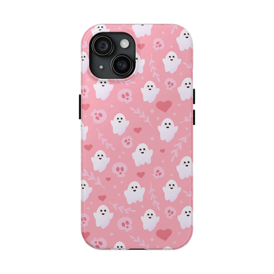 Pink ghost phone case with cute Halloween-themed design, featuring white ghosts, skulls, hearts and plants for iPhone 15.